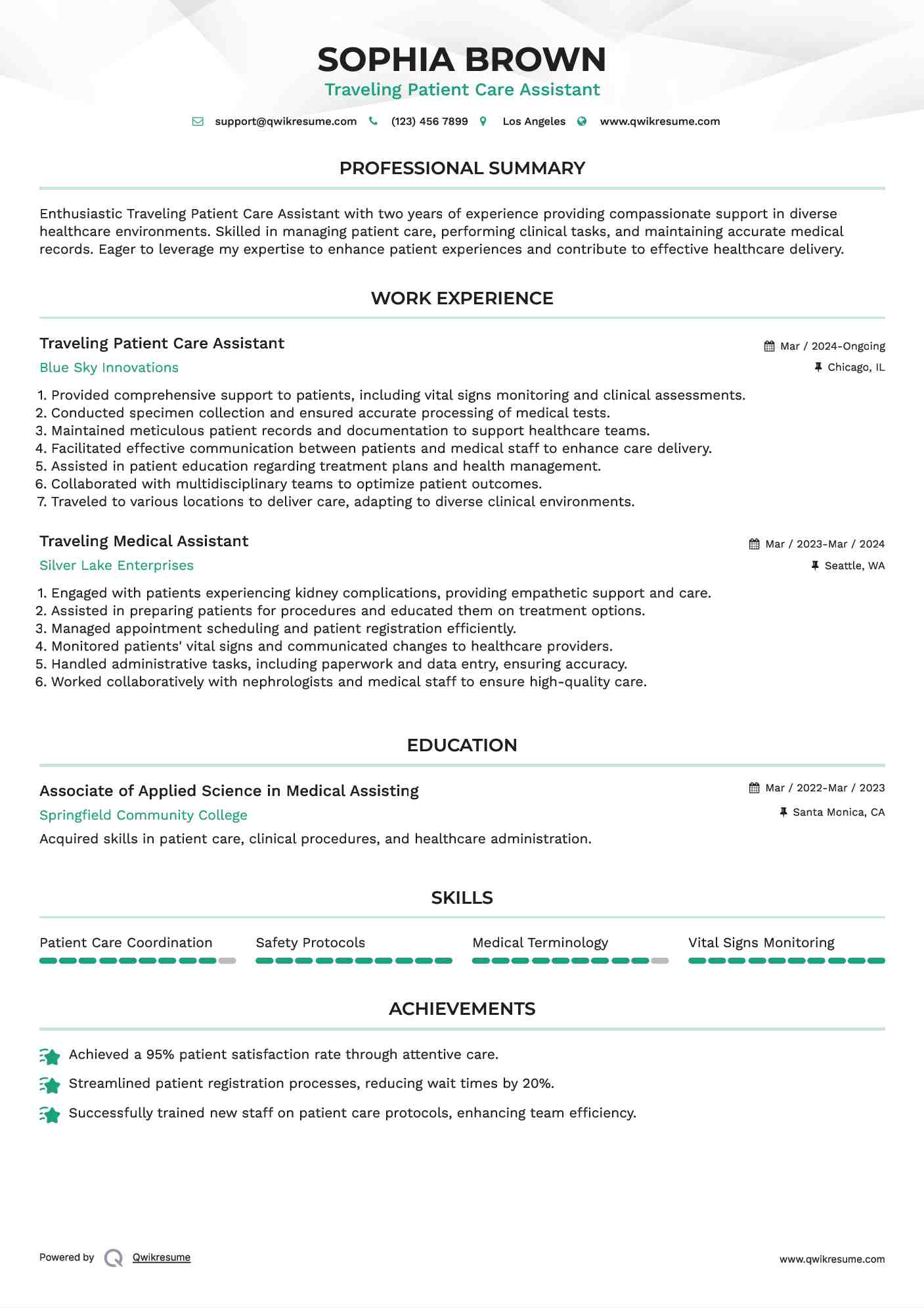 Traveling Patient Care Assistant Resume Sample