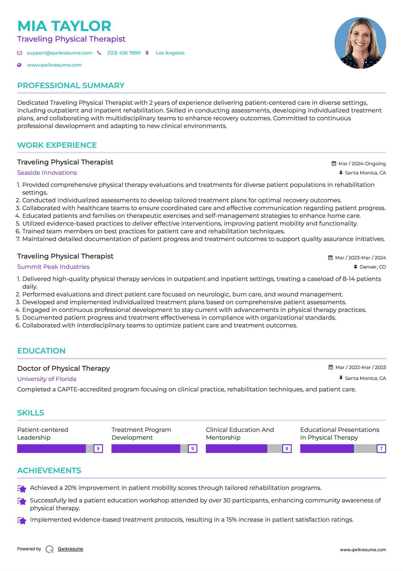 Traveling Physical Therapist Resume Example