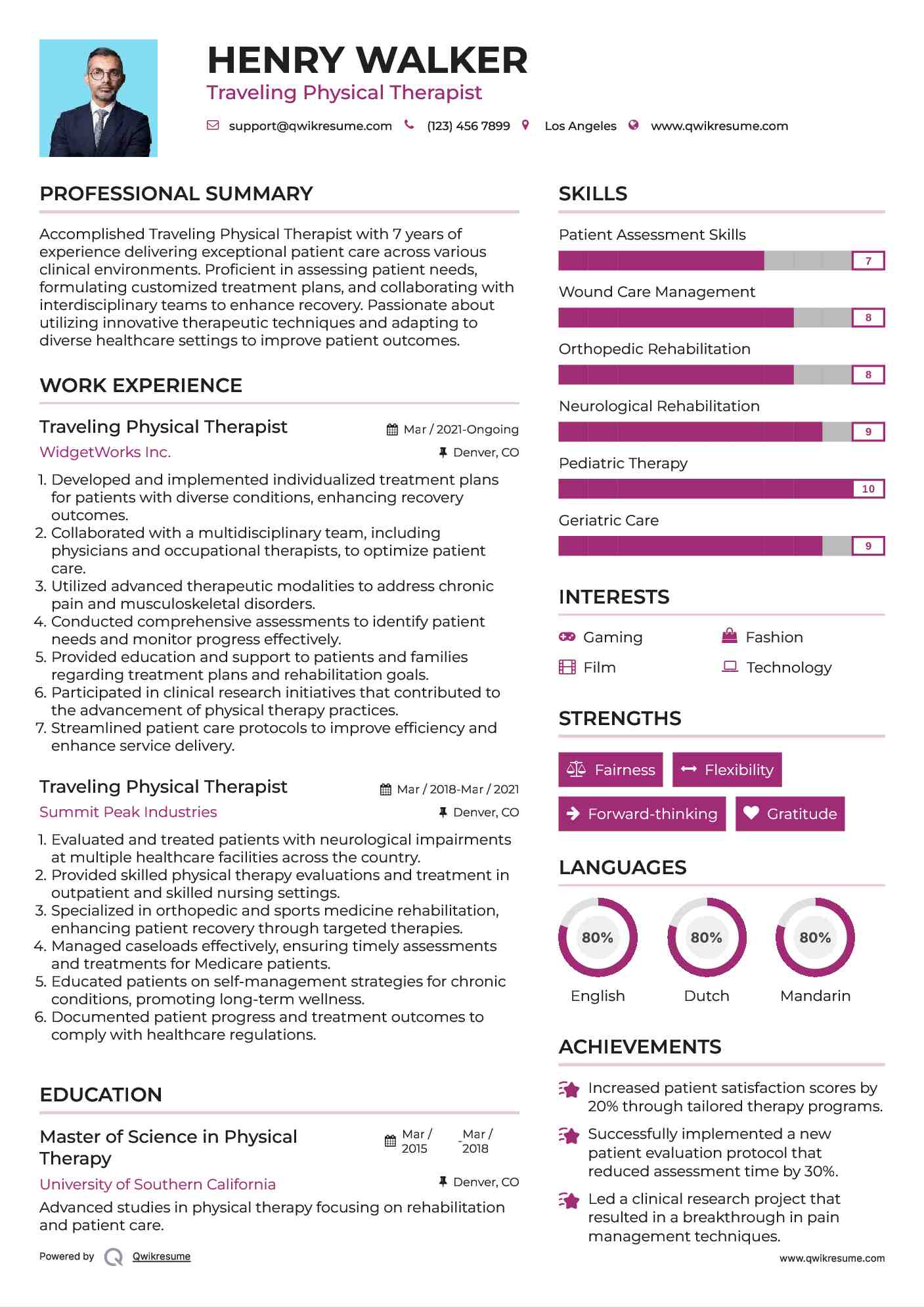 Traveling Physical Therapist Resume Sample