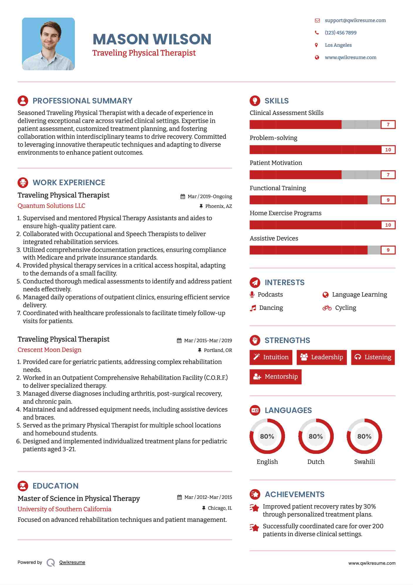 Traveling Physical Therapist Resume Example