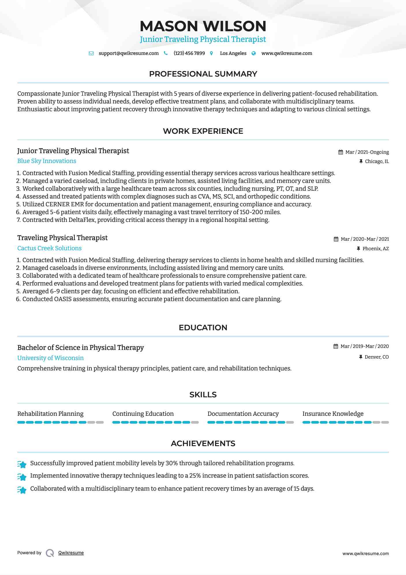 Junior Traveling Physical Therapist Resume Example
