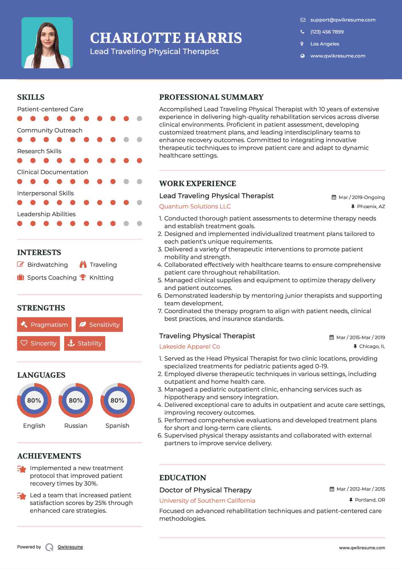 Lead Traveling Physical Therapist Resume Example