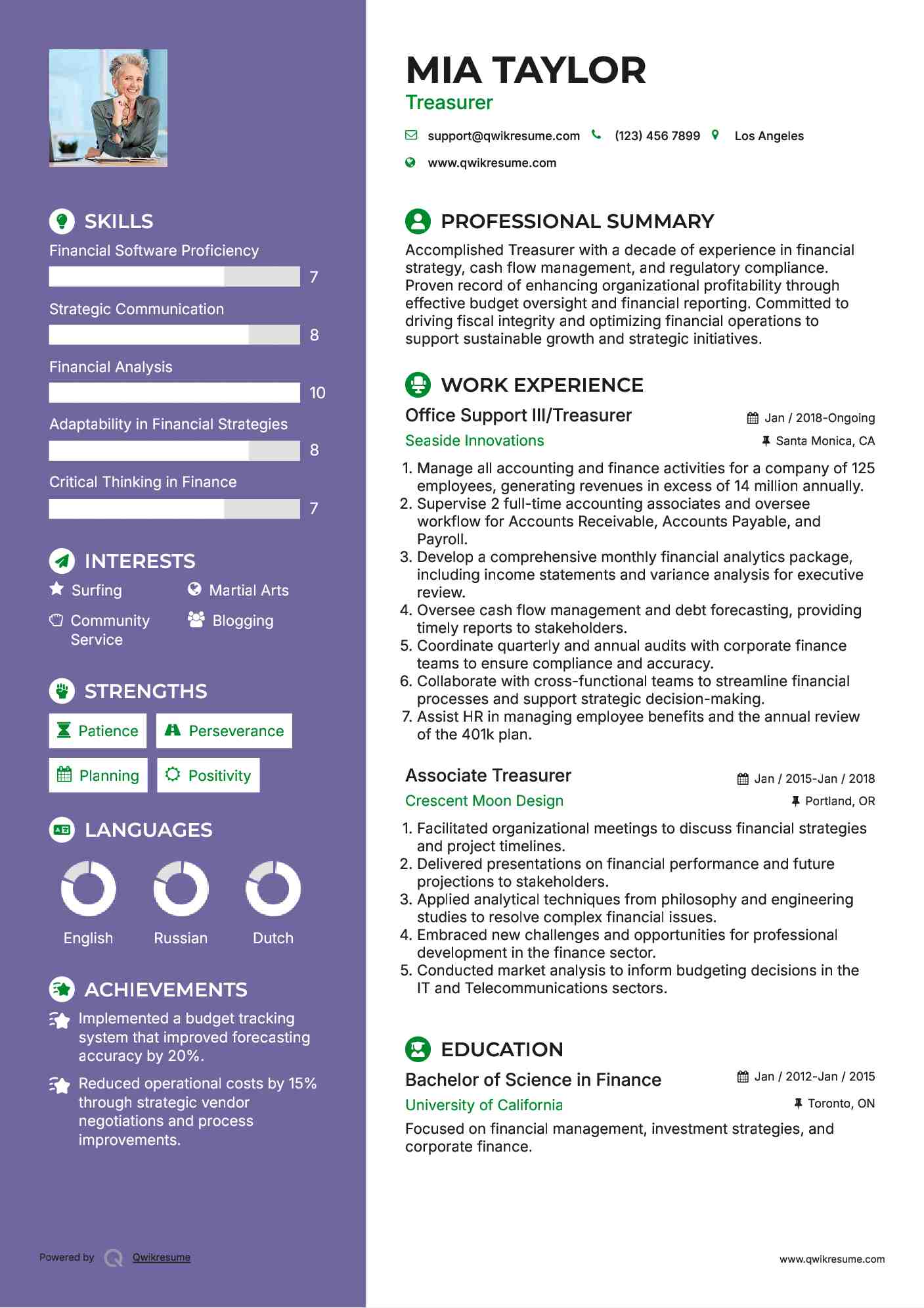 Office Support III/Treasurer Resume Template