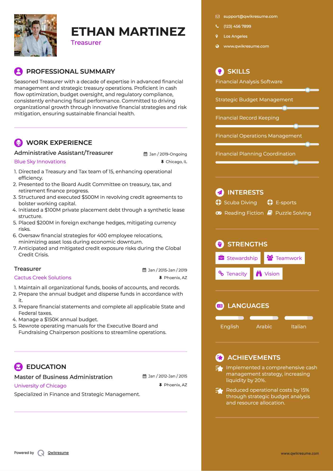 Administrative Assistant/Treasurer Resume Sample