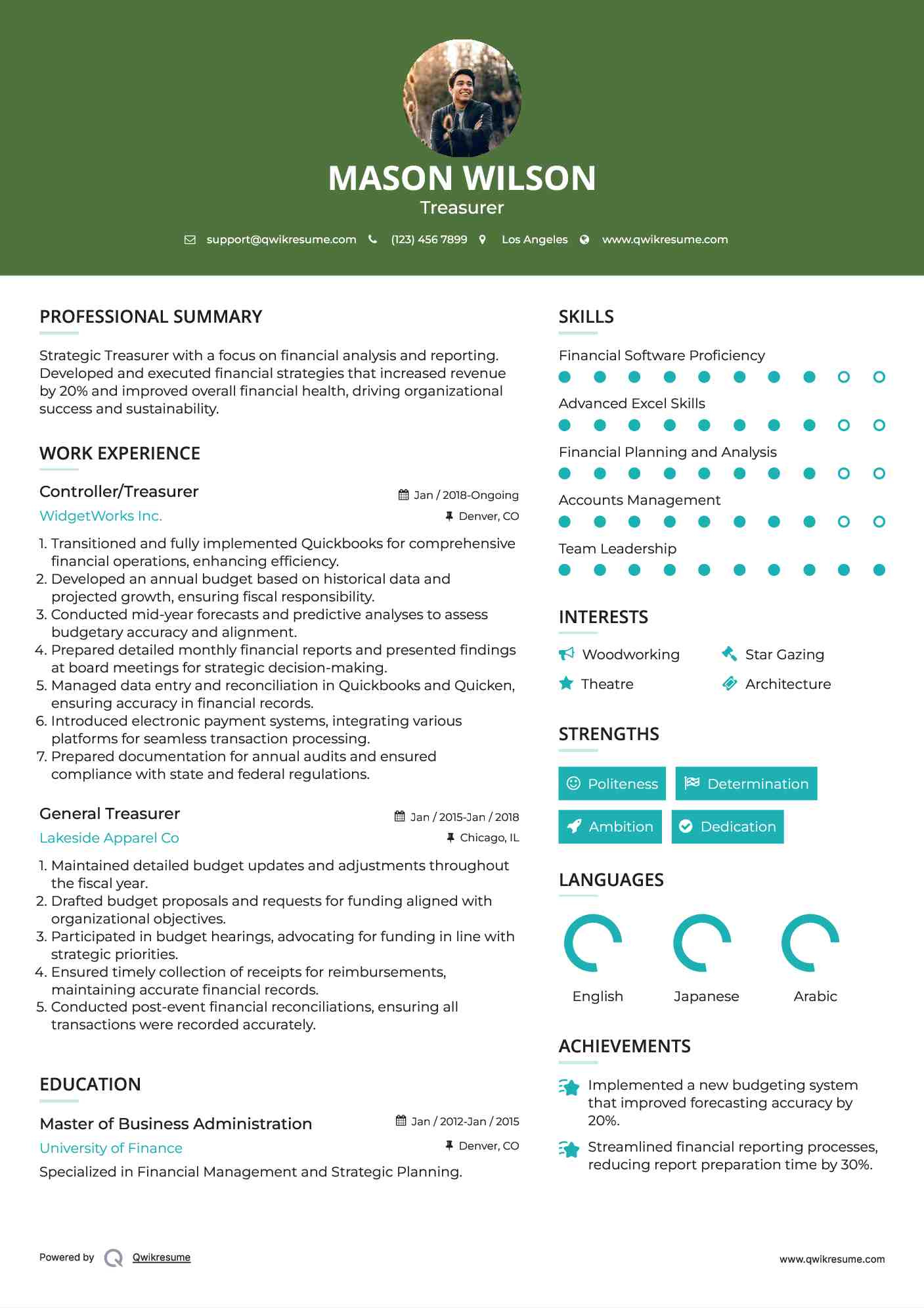 Controller/Treasurer Resume Template