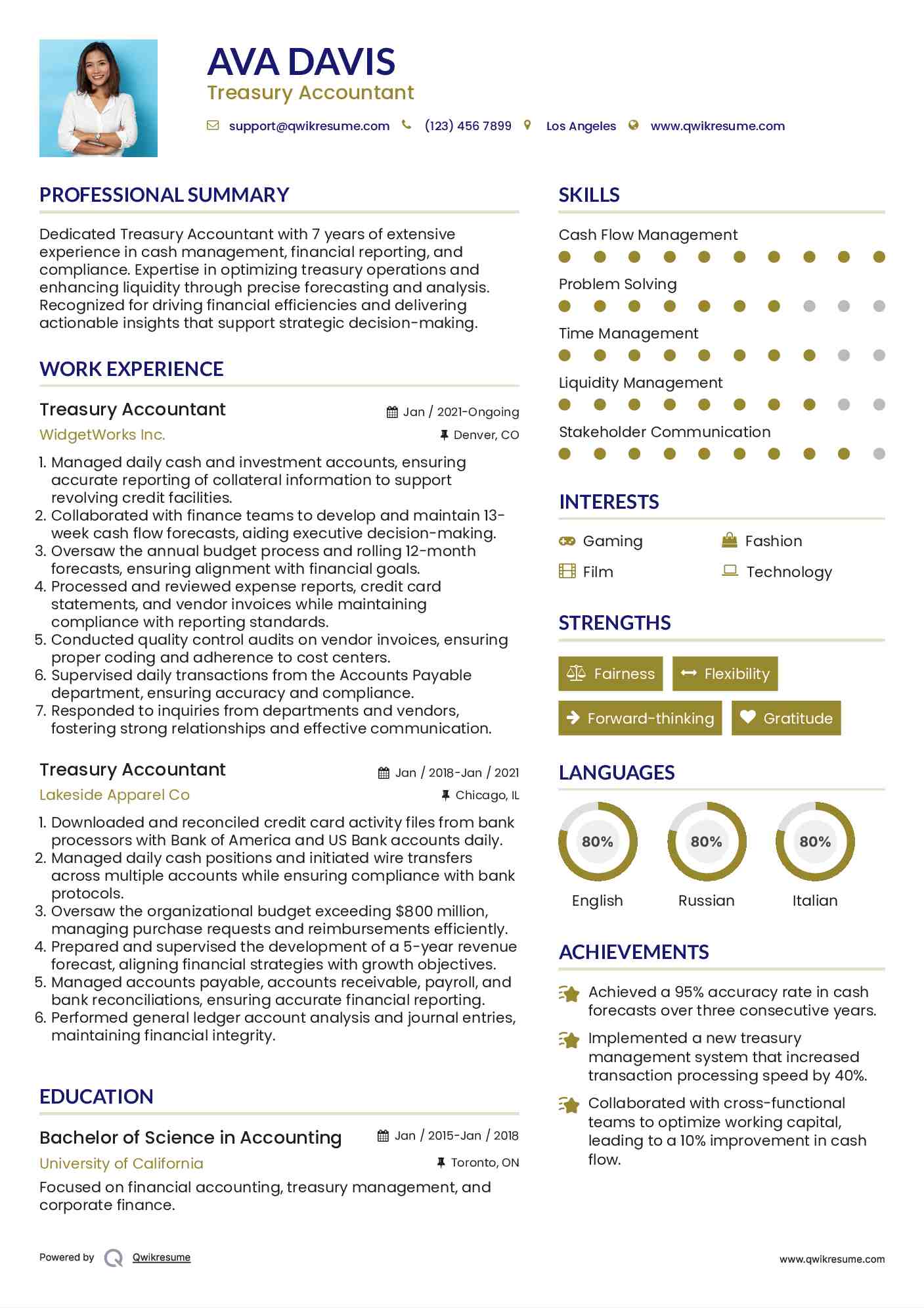 Treasury Accountant Resume Sample