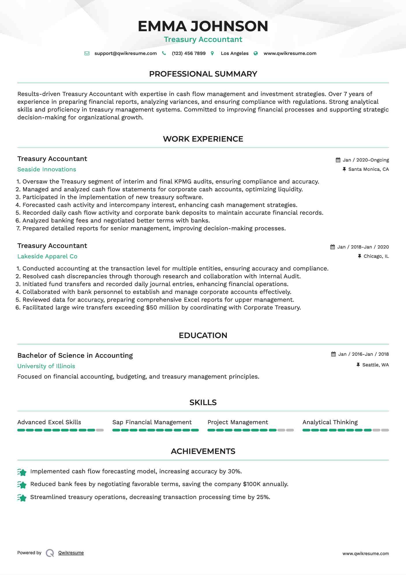 Treasury Accountant Resume Sample