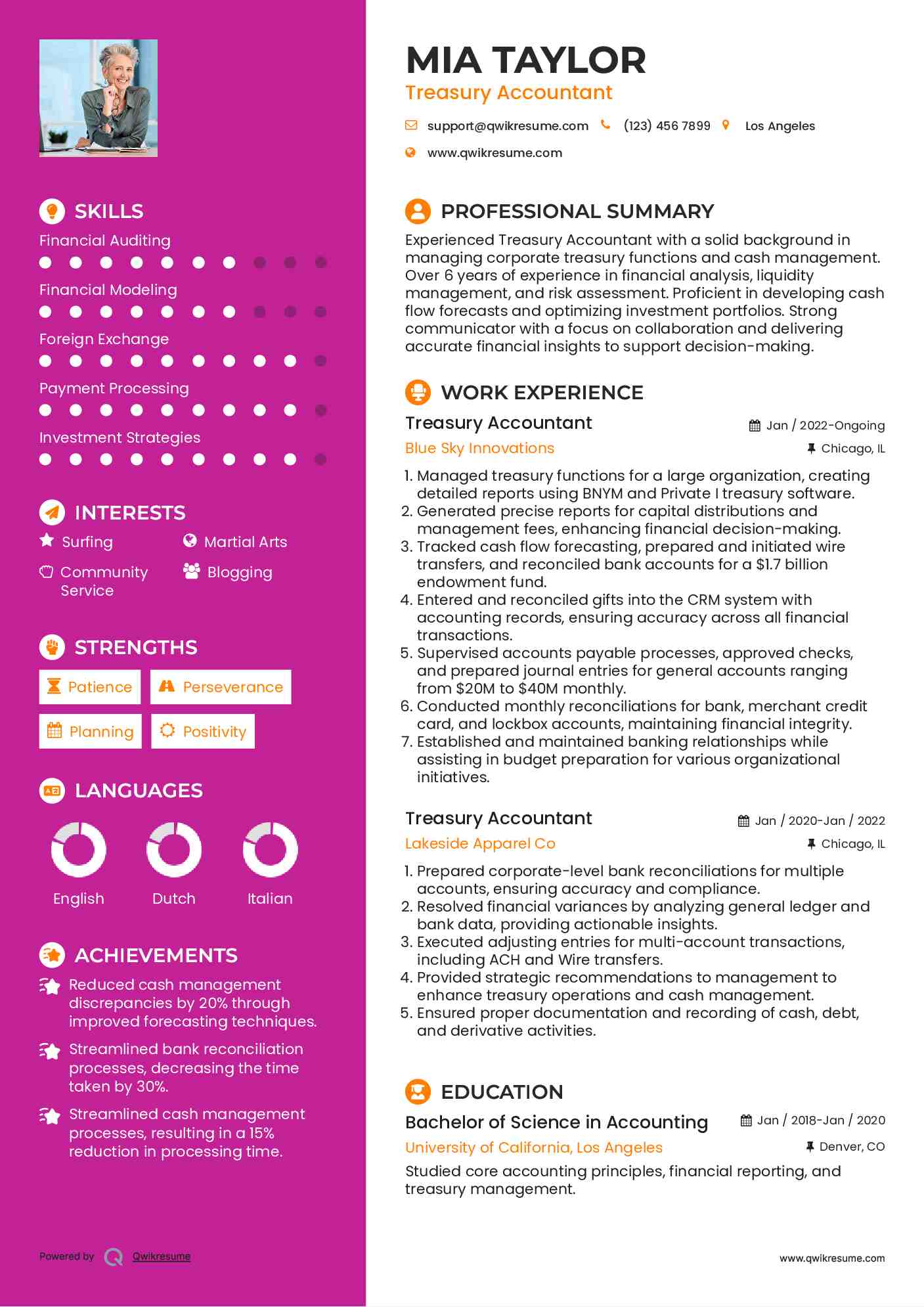 Treasury Accountant Resume Example