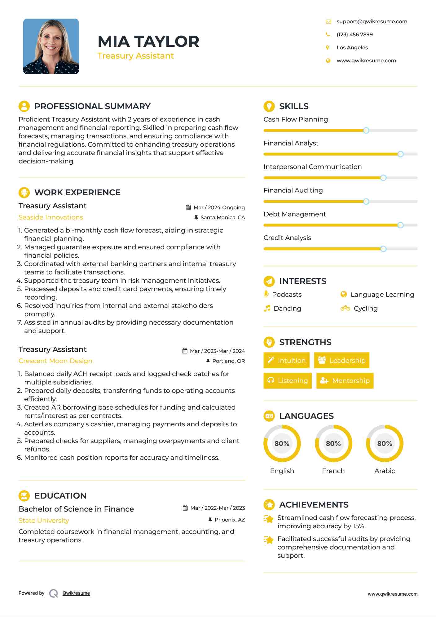 Treasury Assistant Resume Sample