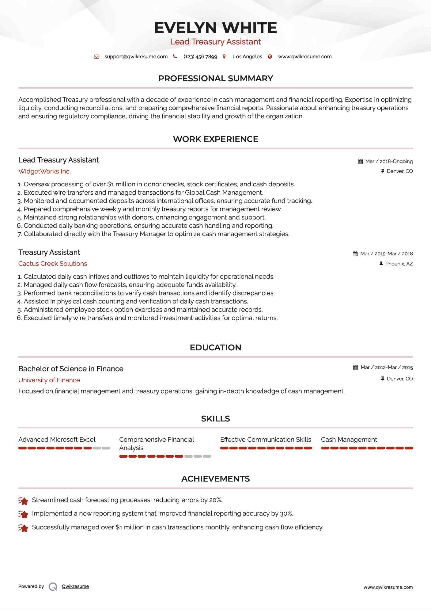 Lead Treasury Assistant Resume Sample