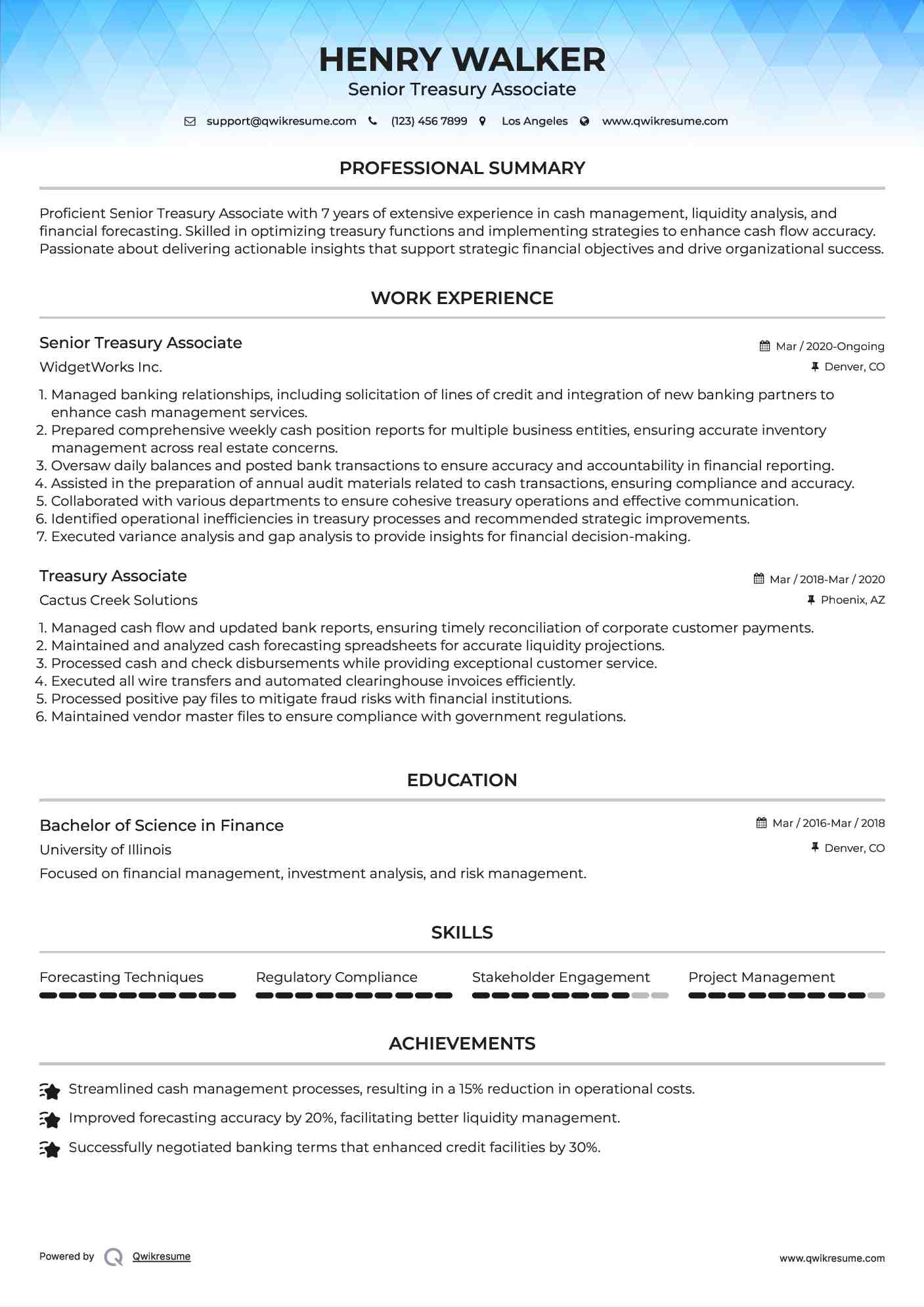 Senior Treasury Associate Resume Template