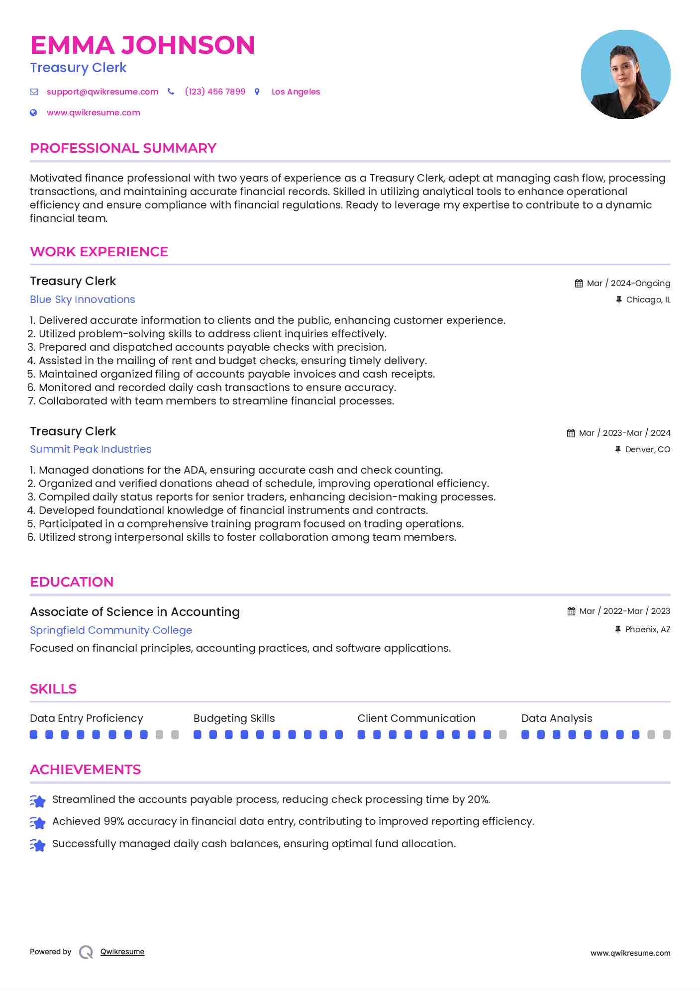 Treasury Clerk Resume Template