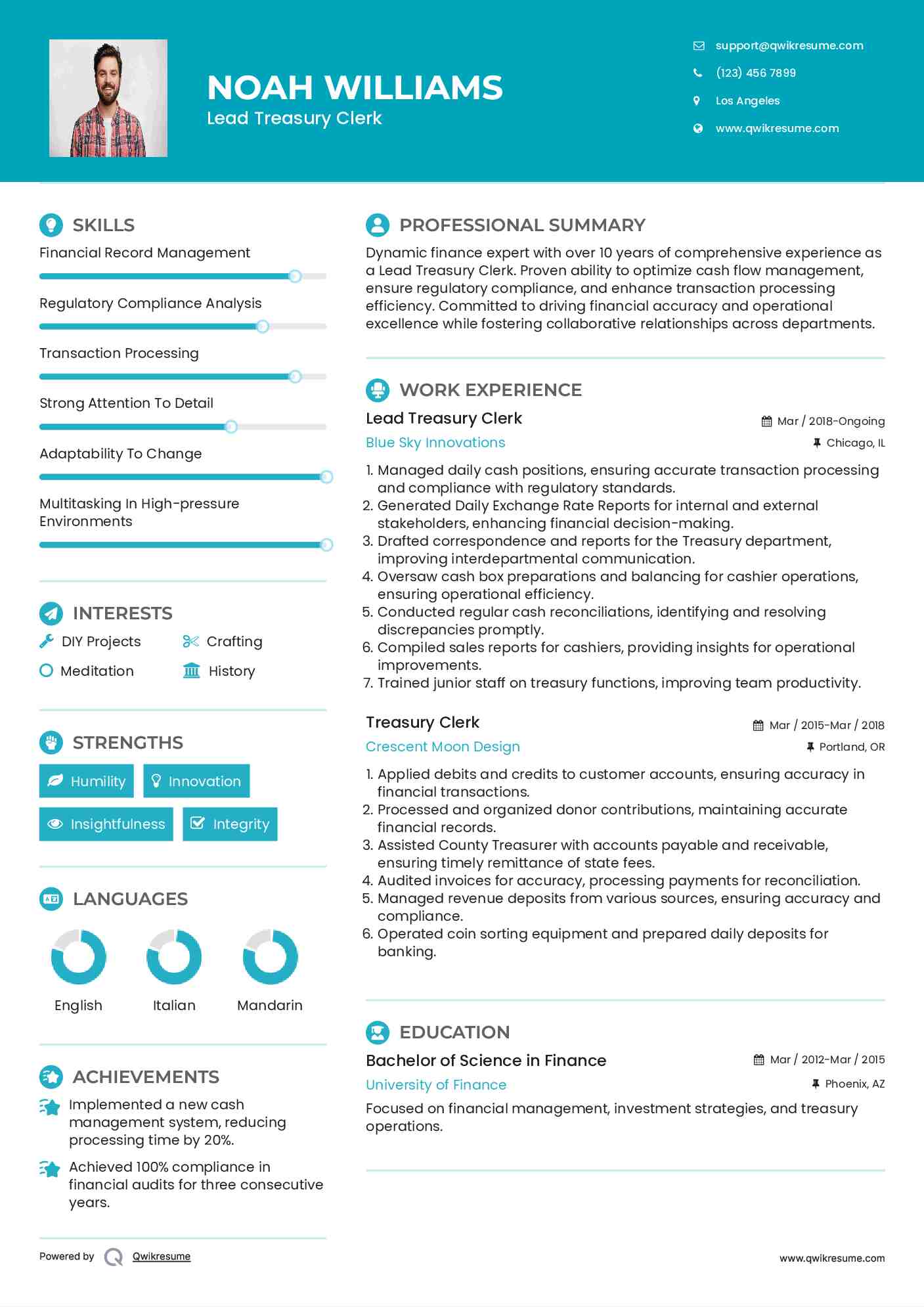 Lead Treasury Clerk Resume Example