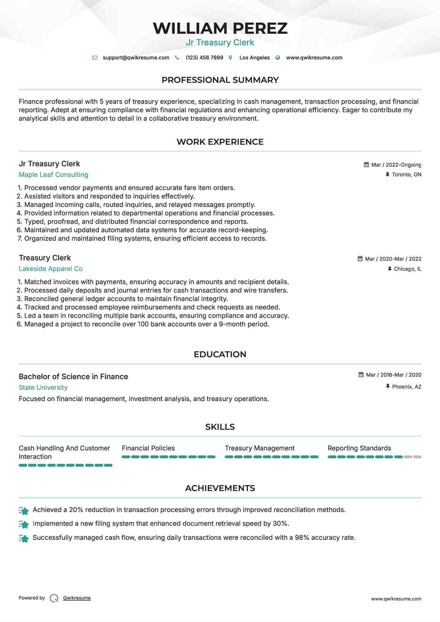 Jr Treasury Clerk Resume Example
