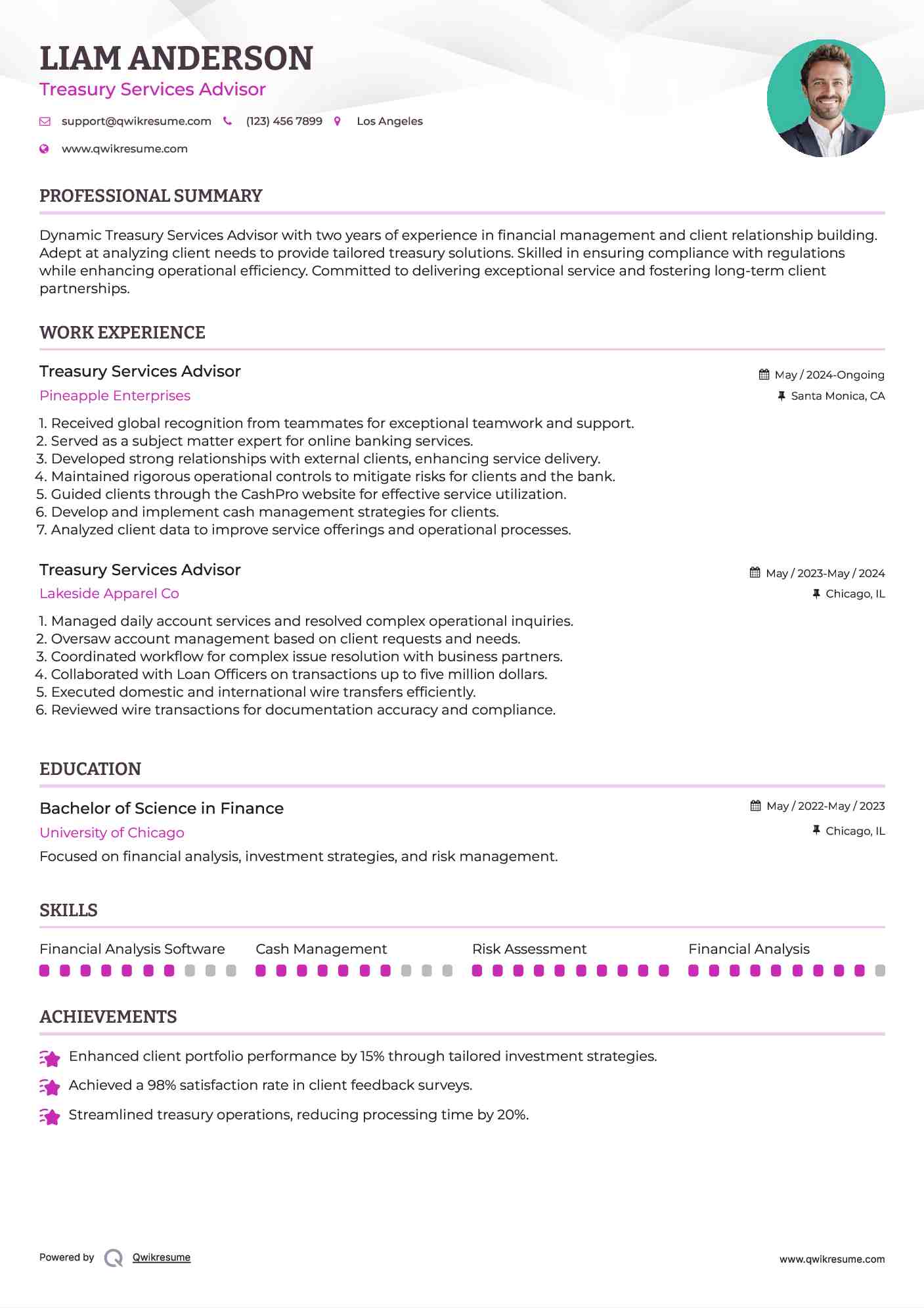 Treasury Services Advisor Resume Format