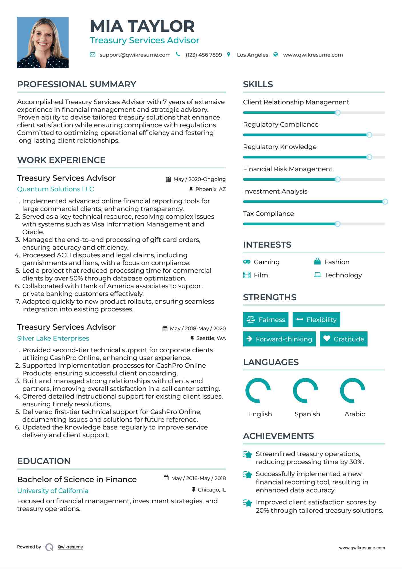 Treasury Services Advisor Resume Example