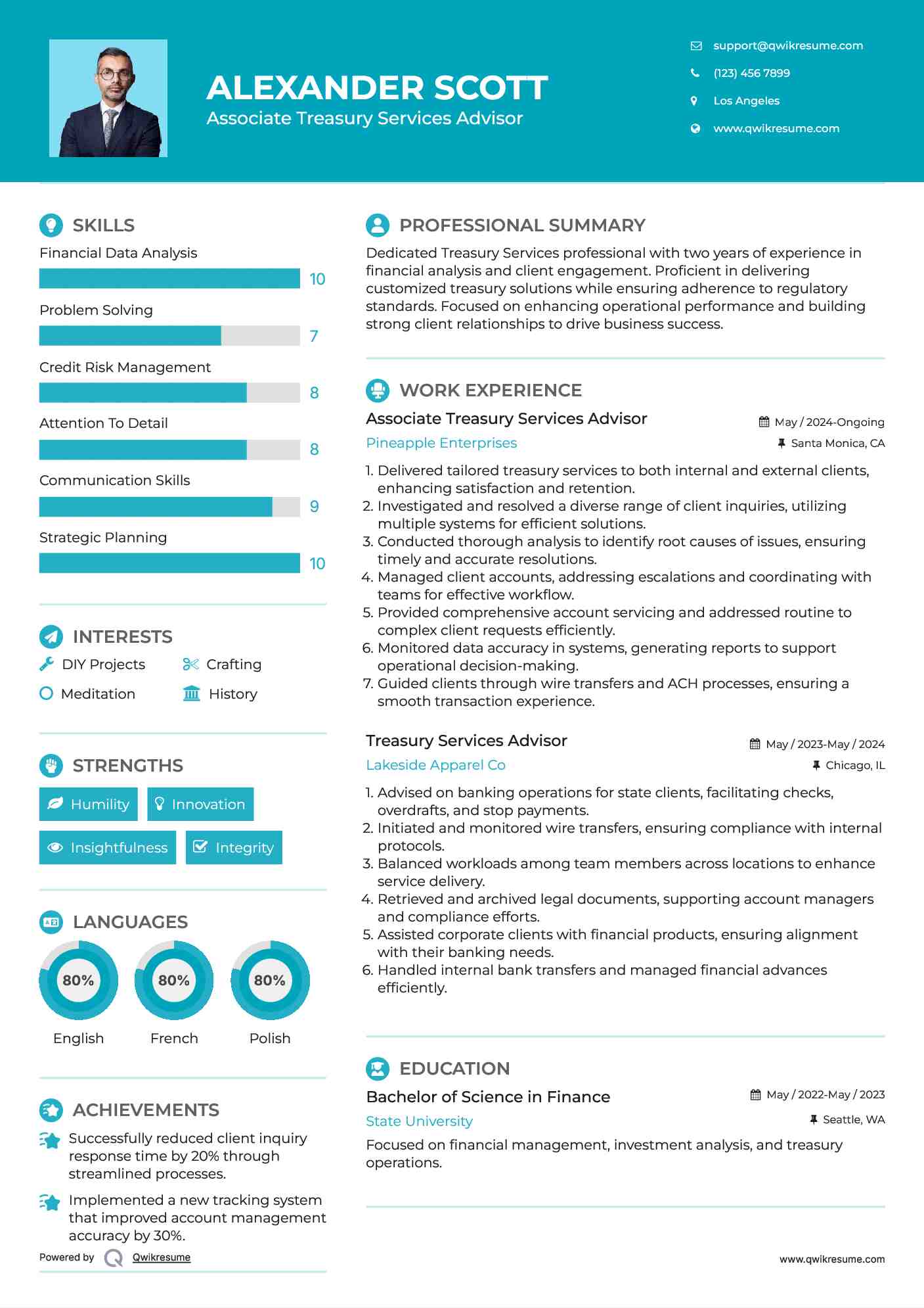 Associate Treasury Services Advisor Resume Sample