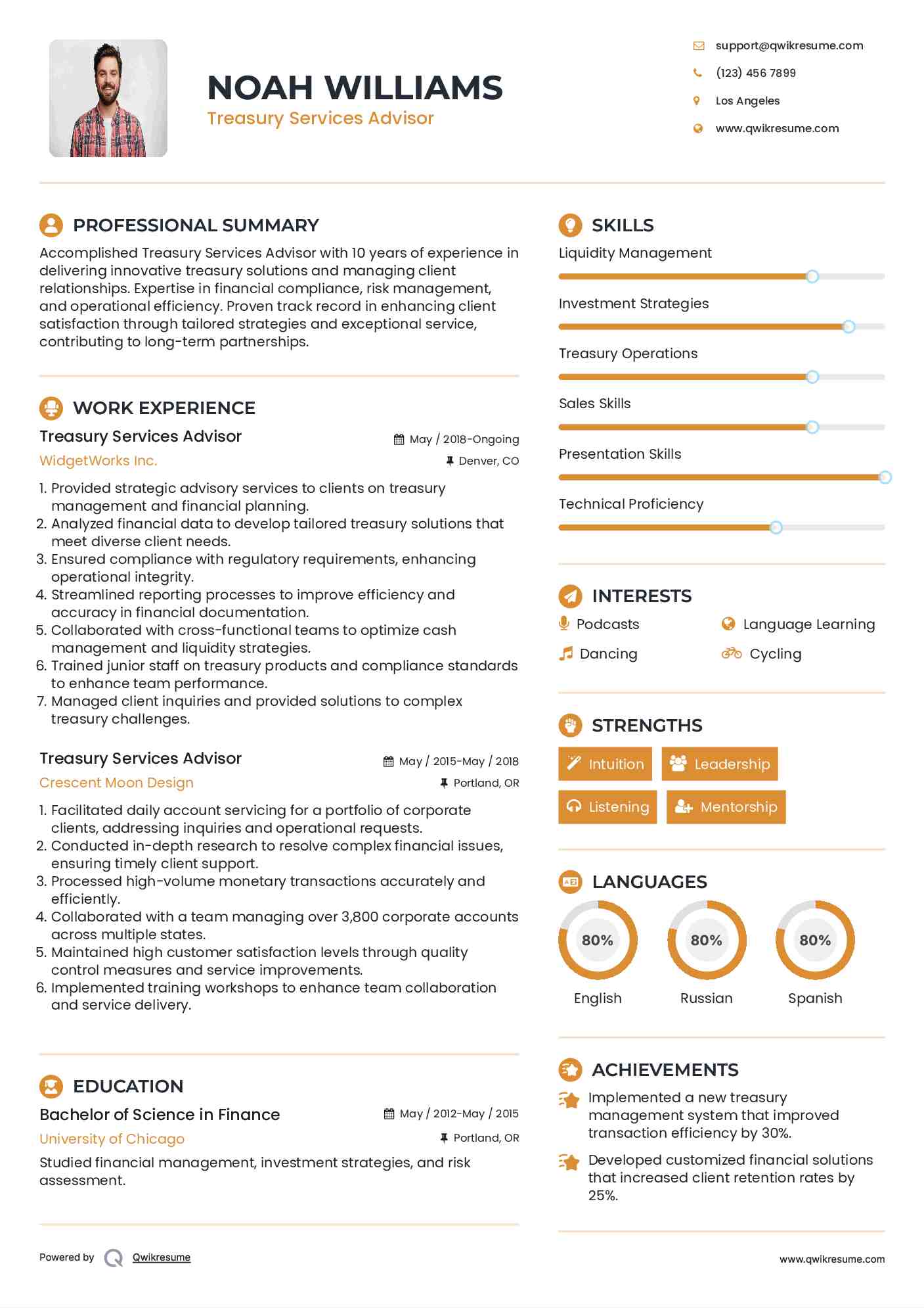 Treasury Services Advisor Resume Template