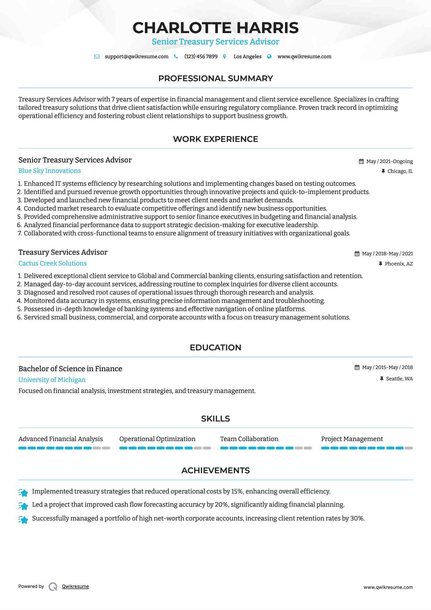 Senior Treasury Services Advisor
 Resume Template