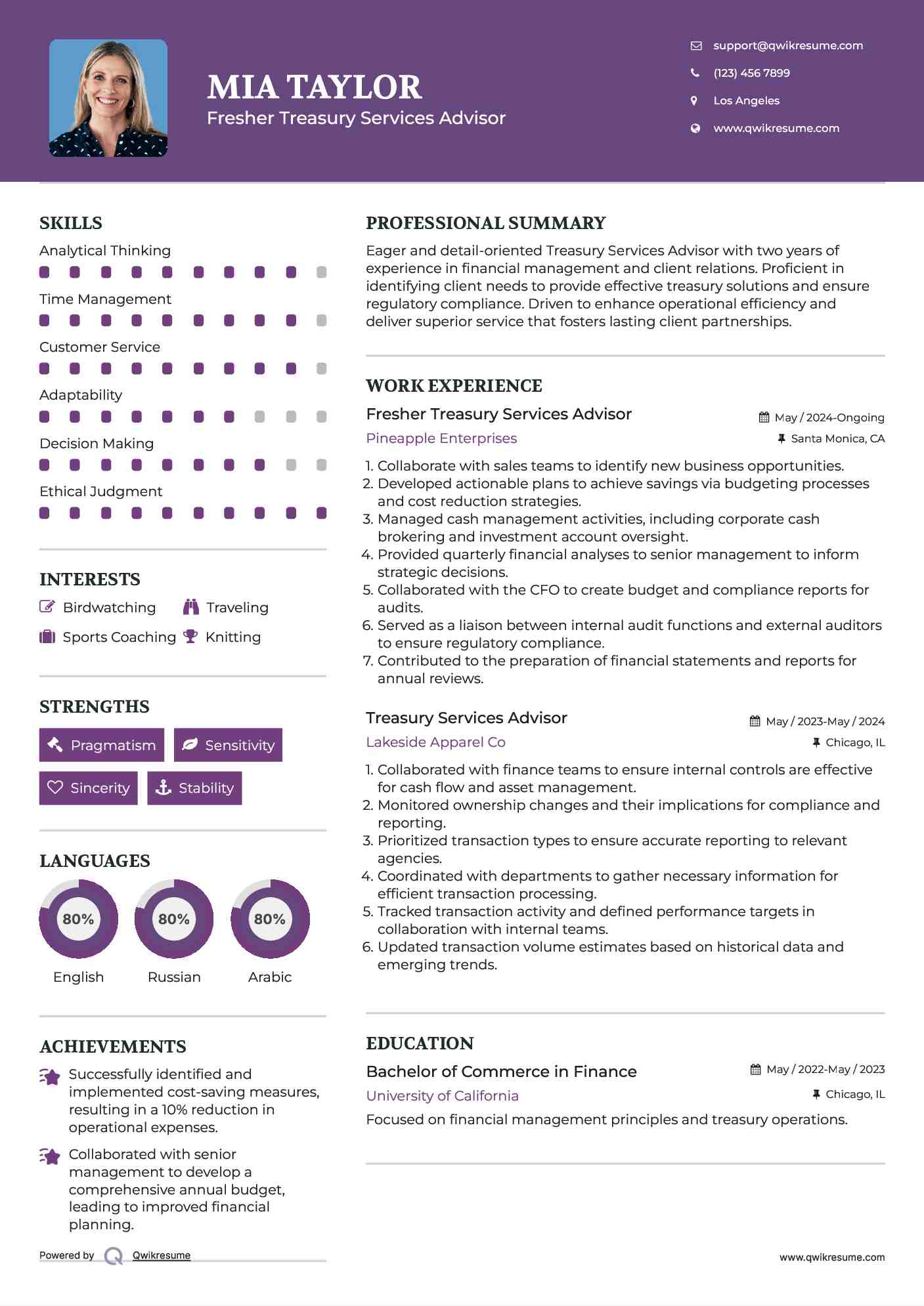 Fresher Treasury Services Advisor Resume Format