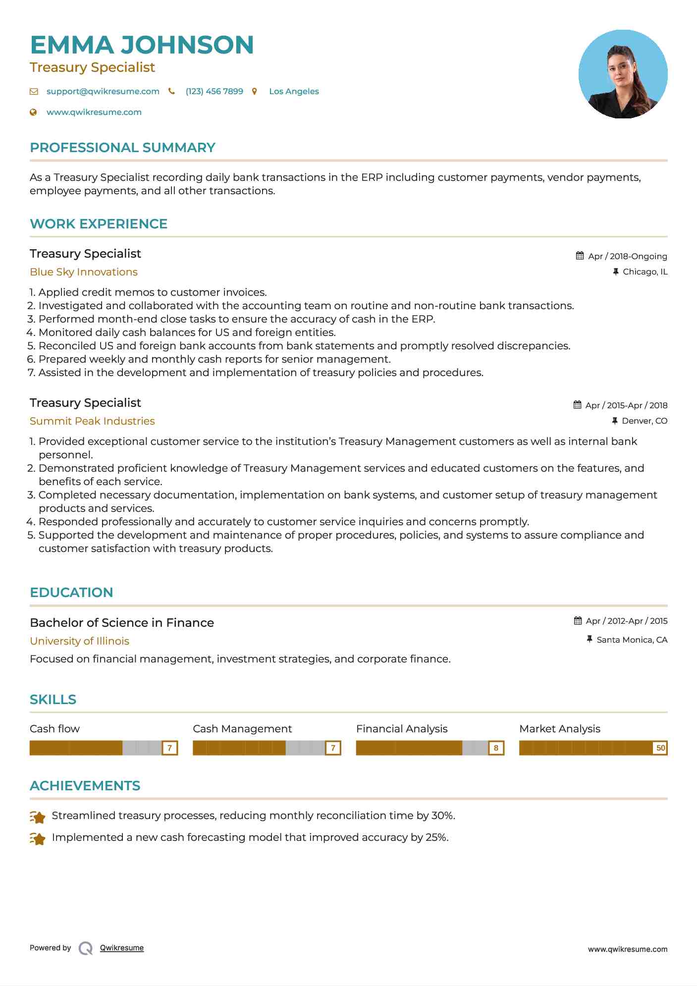 Treasury Specialist Resume Example