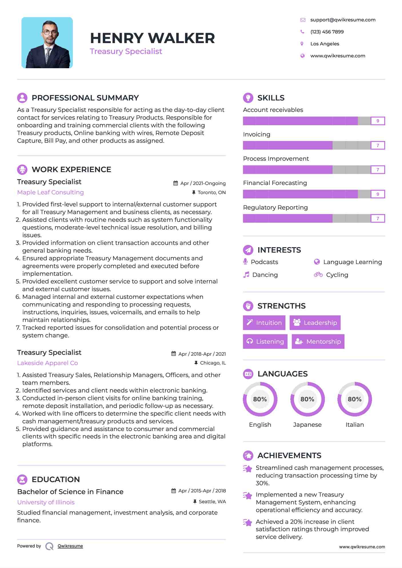 Treasury Specialist Resume Sample