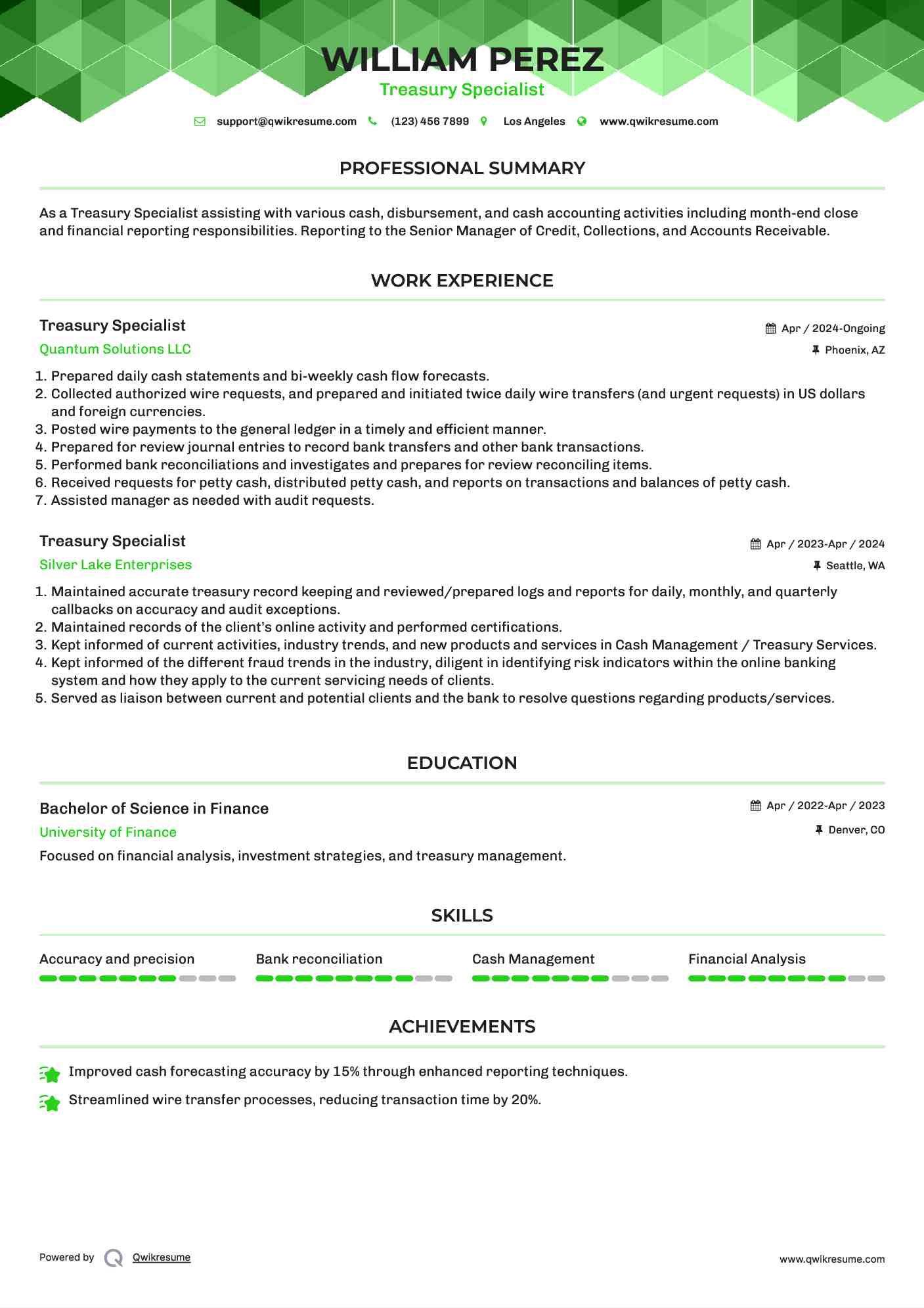 Treasury Specialist Resume Model