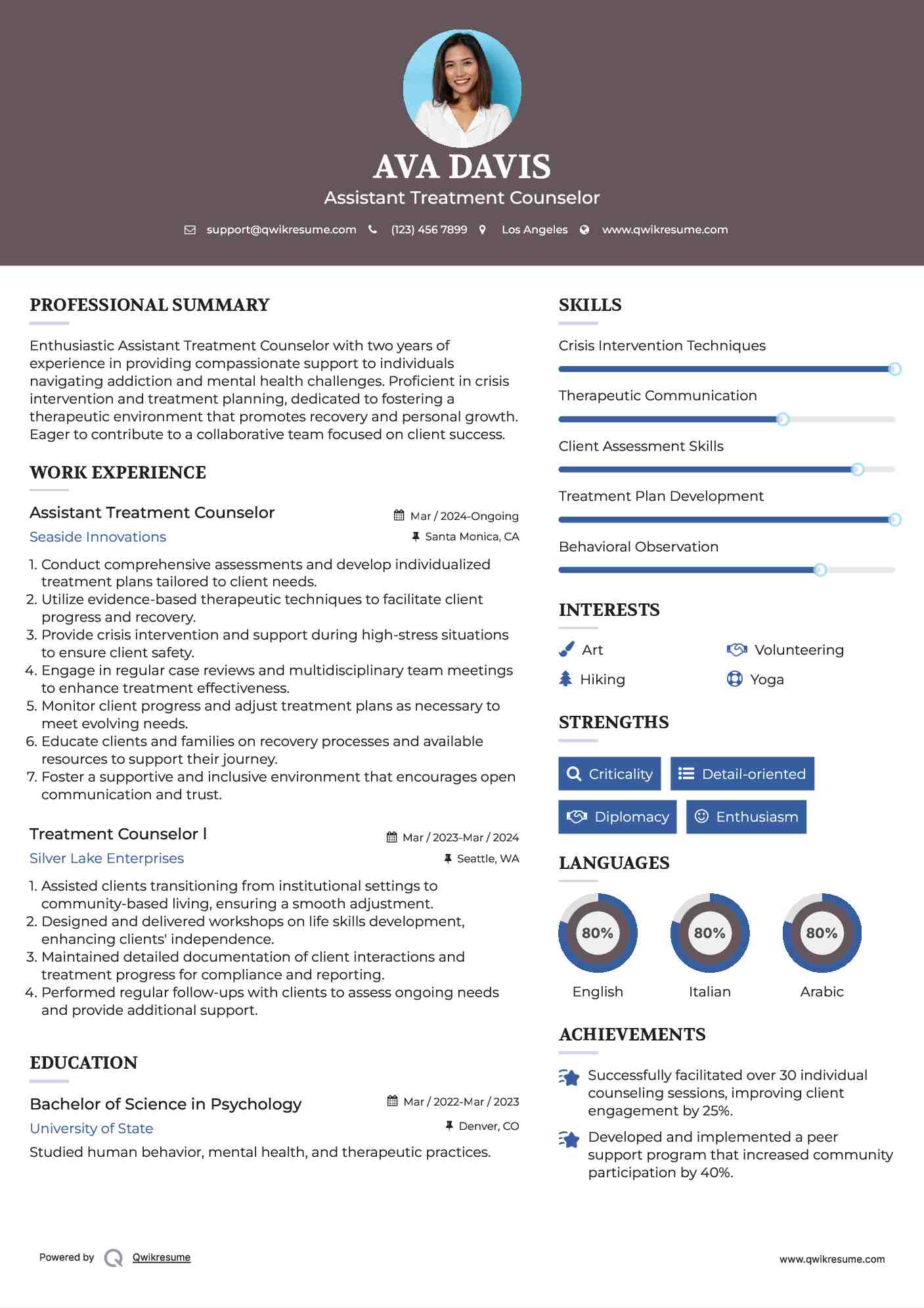 Assistant Treatment Counselor  Resume Example