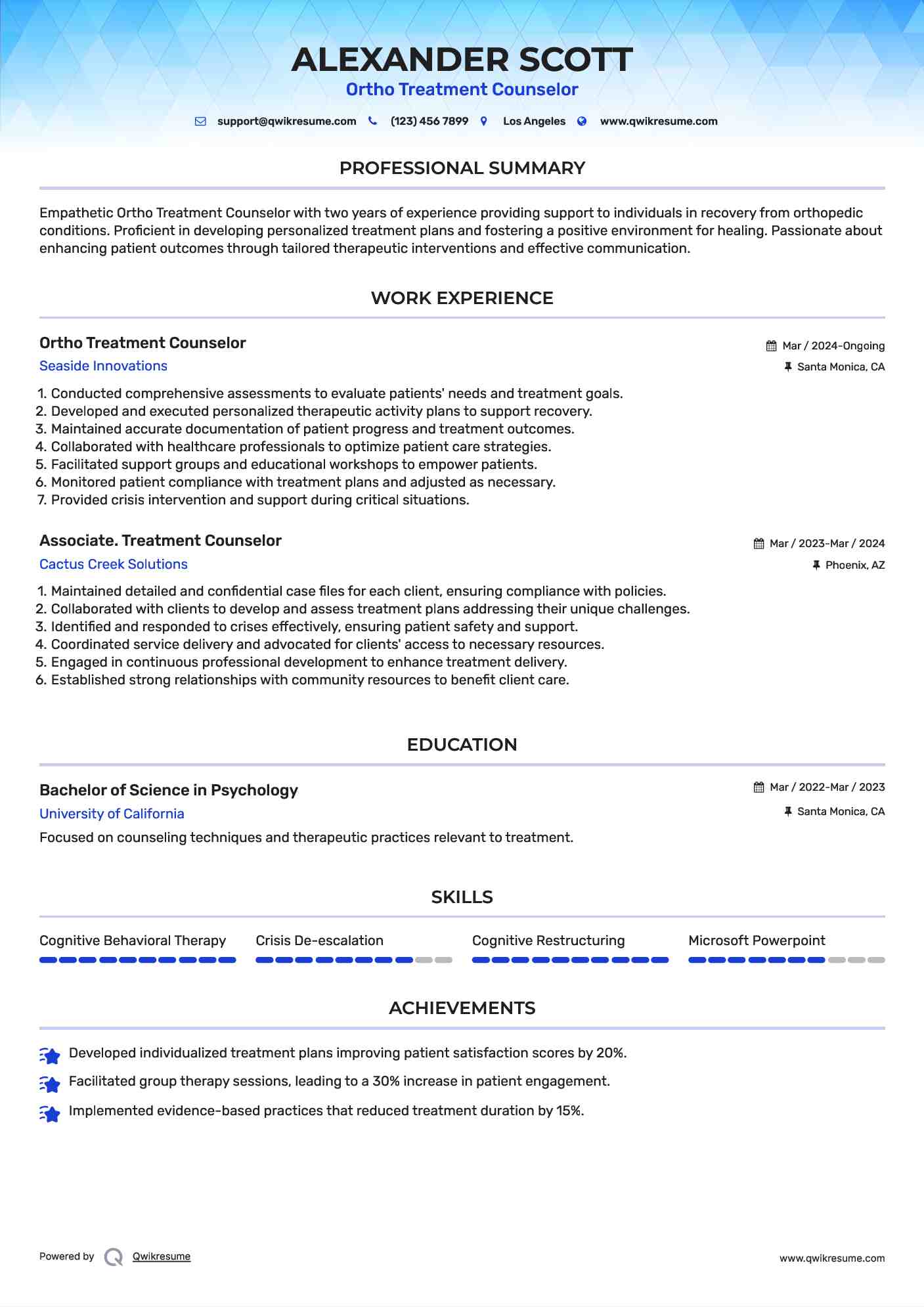 Ortho Treatment Counselor Resume Sample