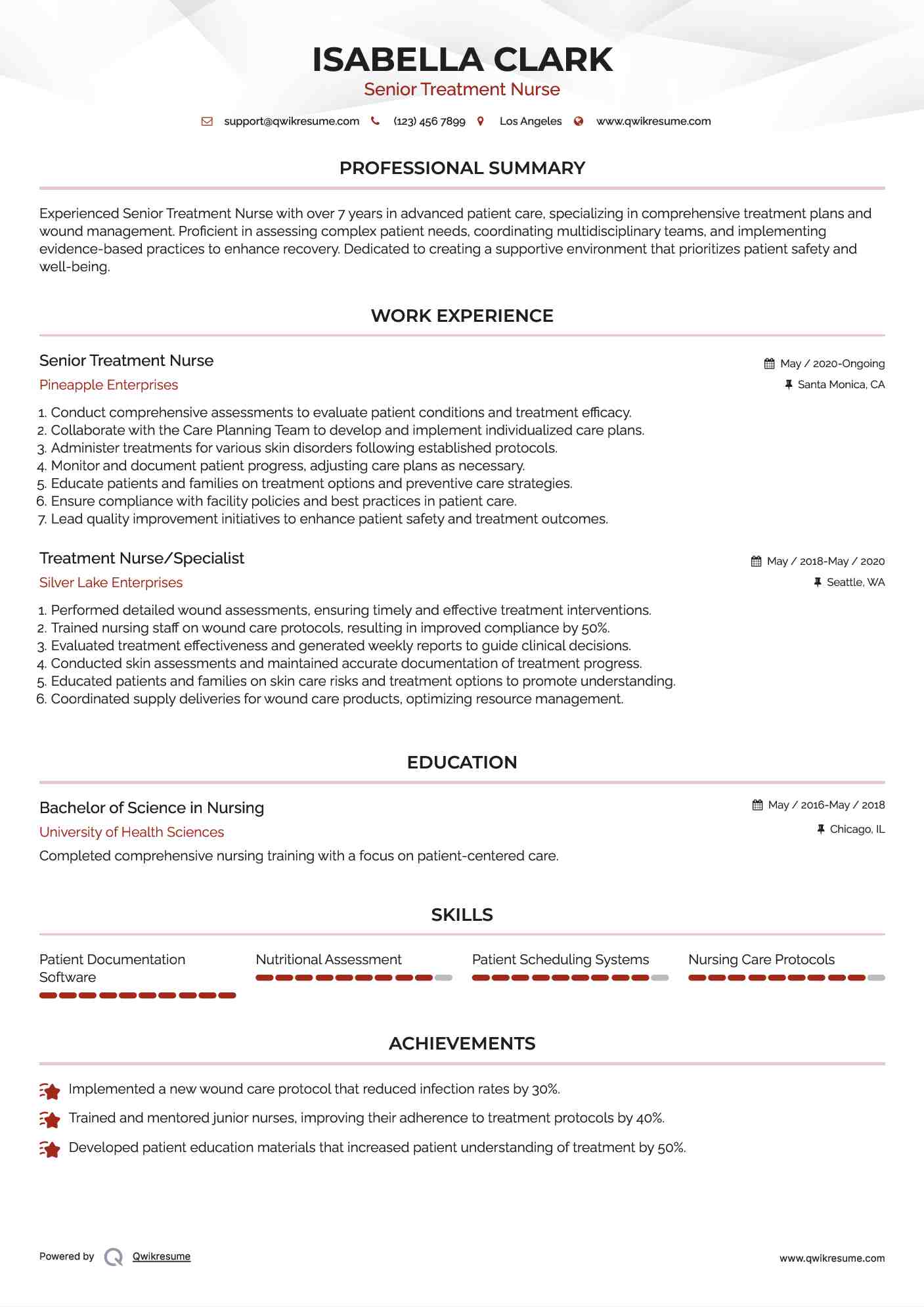 Senior Treatment Nurse  Resume Format