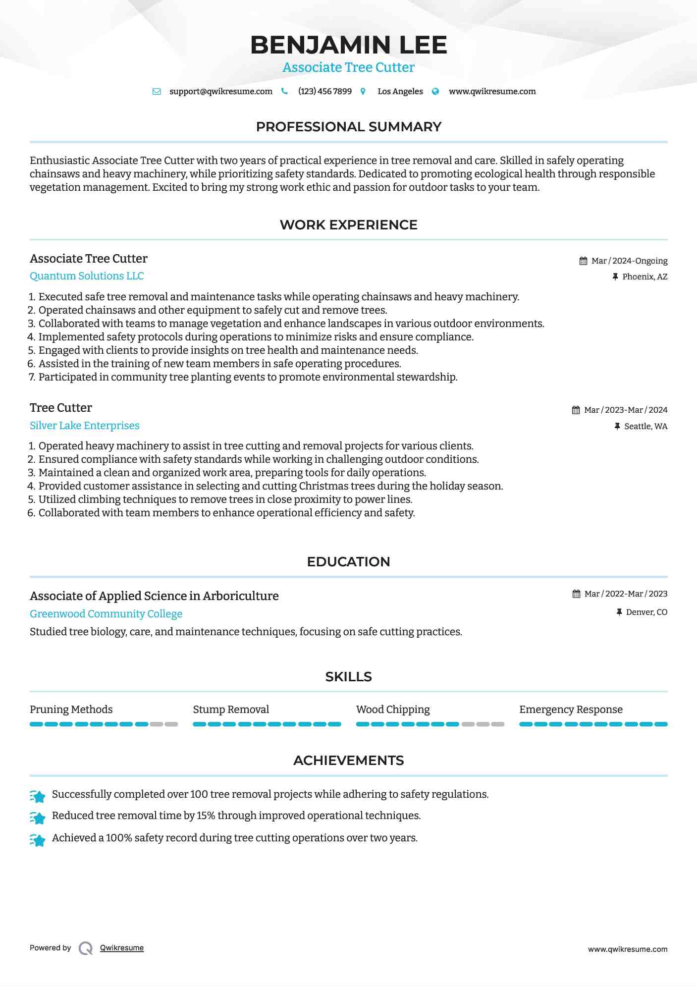 Associate Tree Cutter Resume Sample