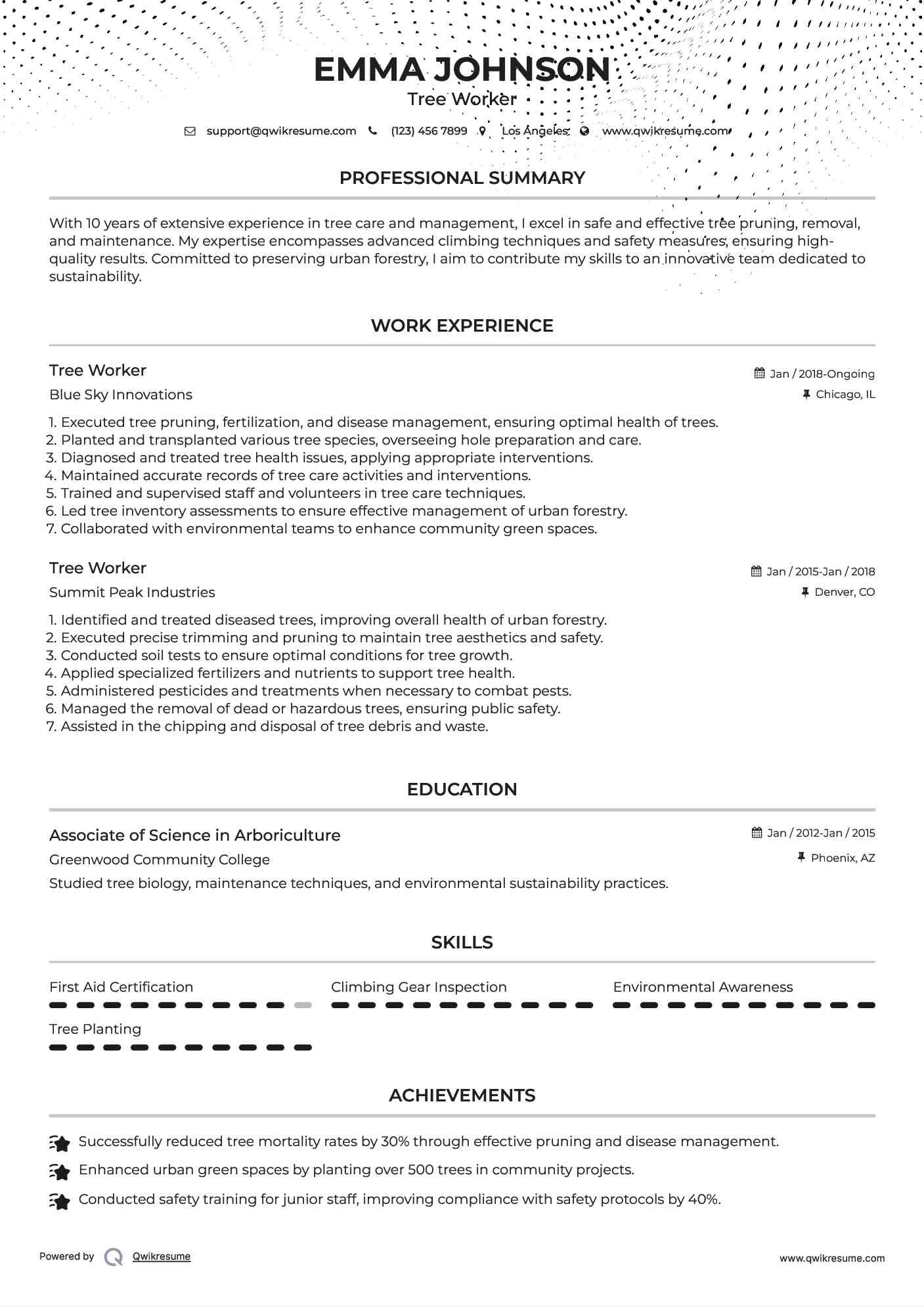 Tree Worker Resume Samples QwikResume