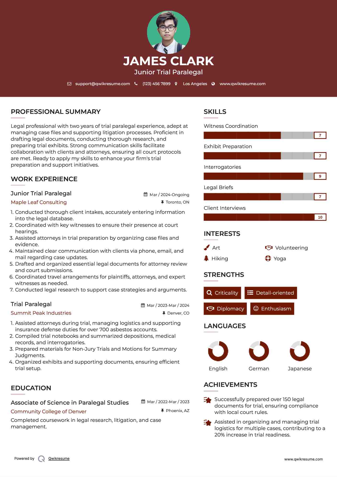 Junior Trial Paralegal Resume Sample