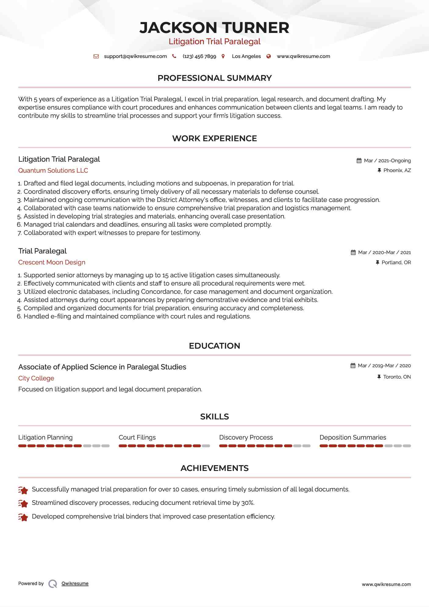 Litigation Trial Paralegal Resume Format