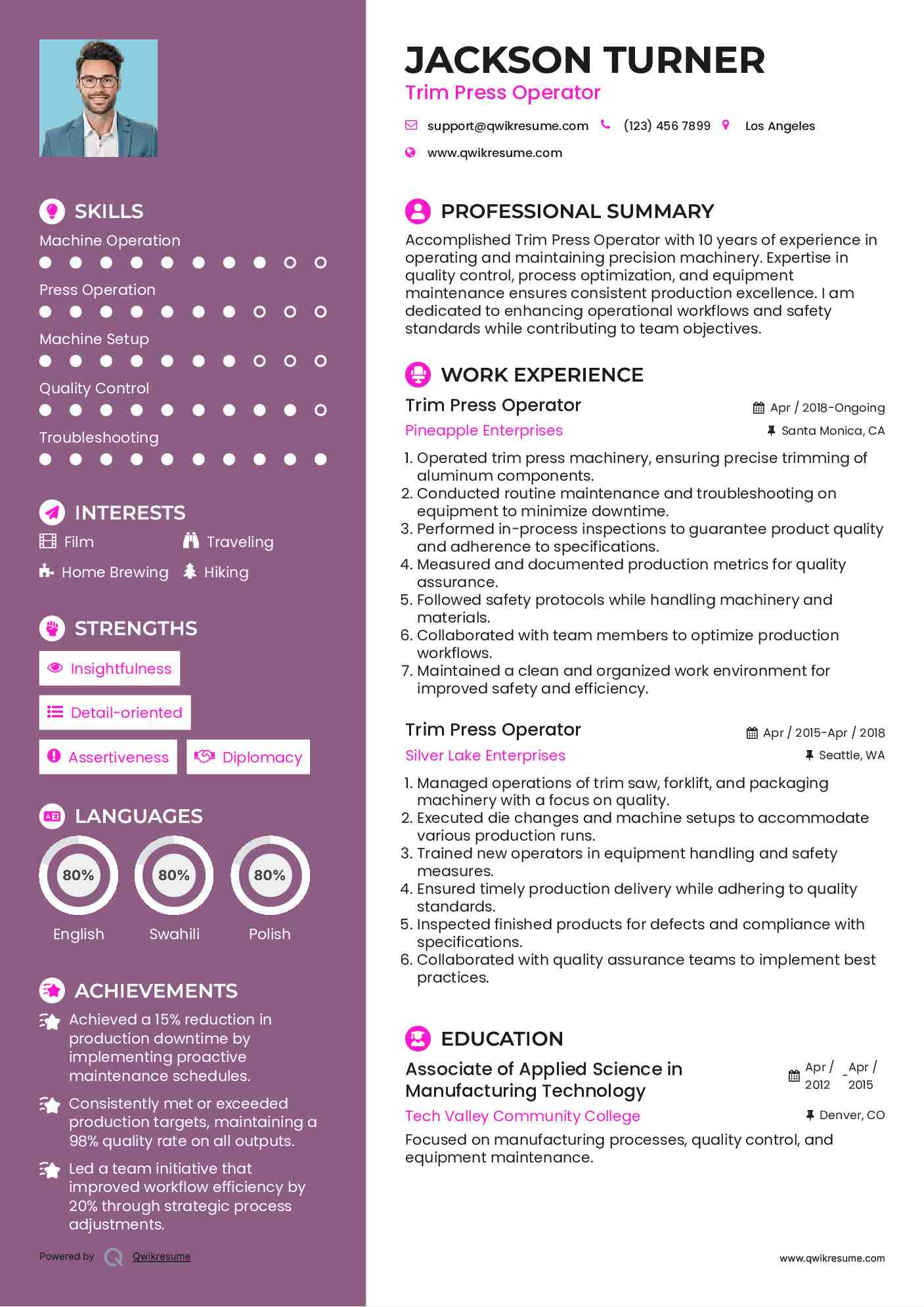 Trim Press Operator Resume Example