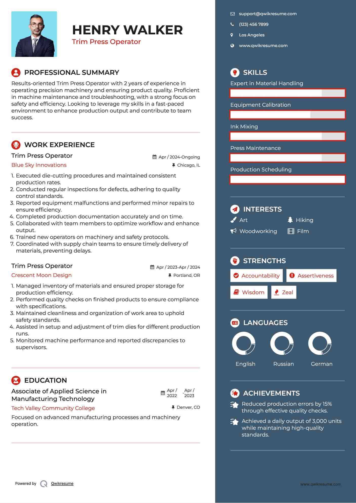 Trim Press Operator Resume Model