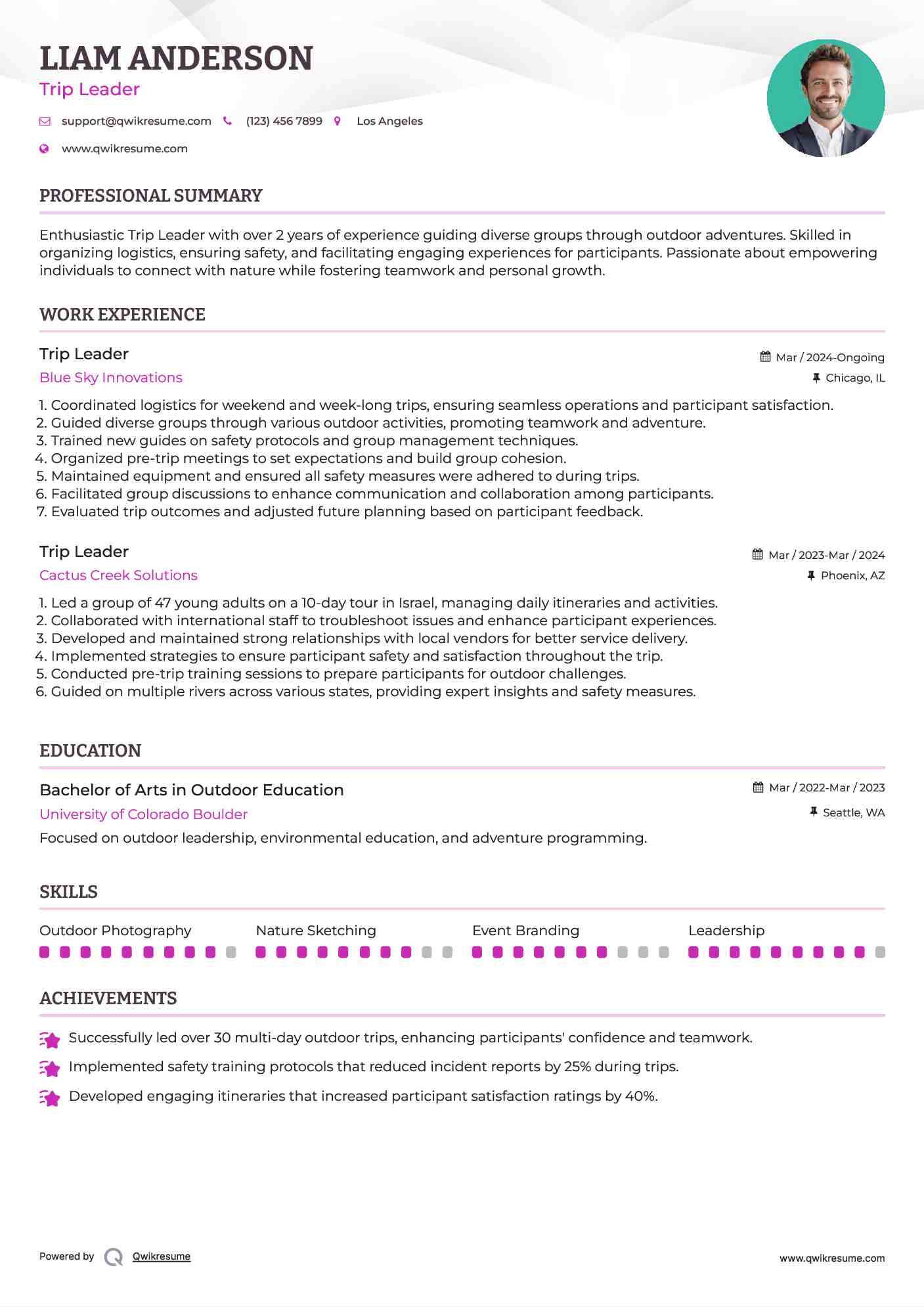 Trip Leader Resume Sample
