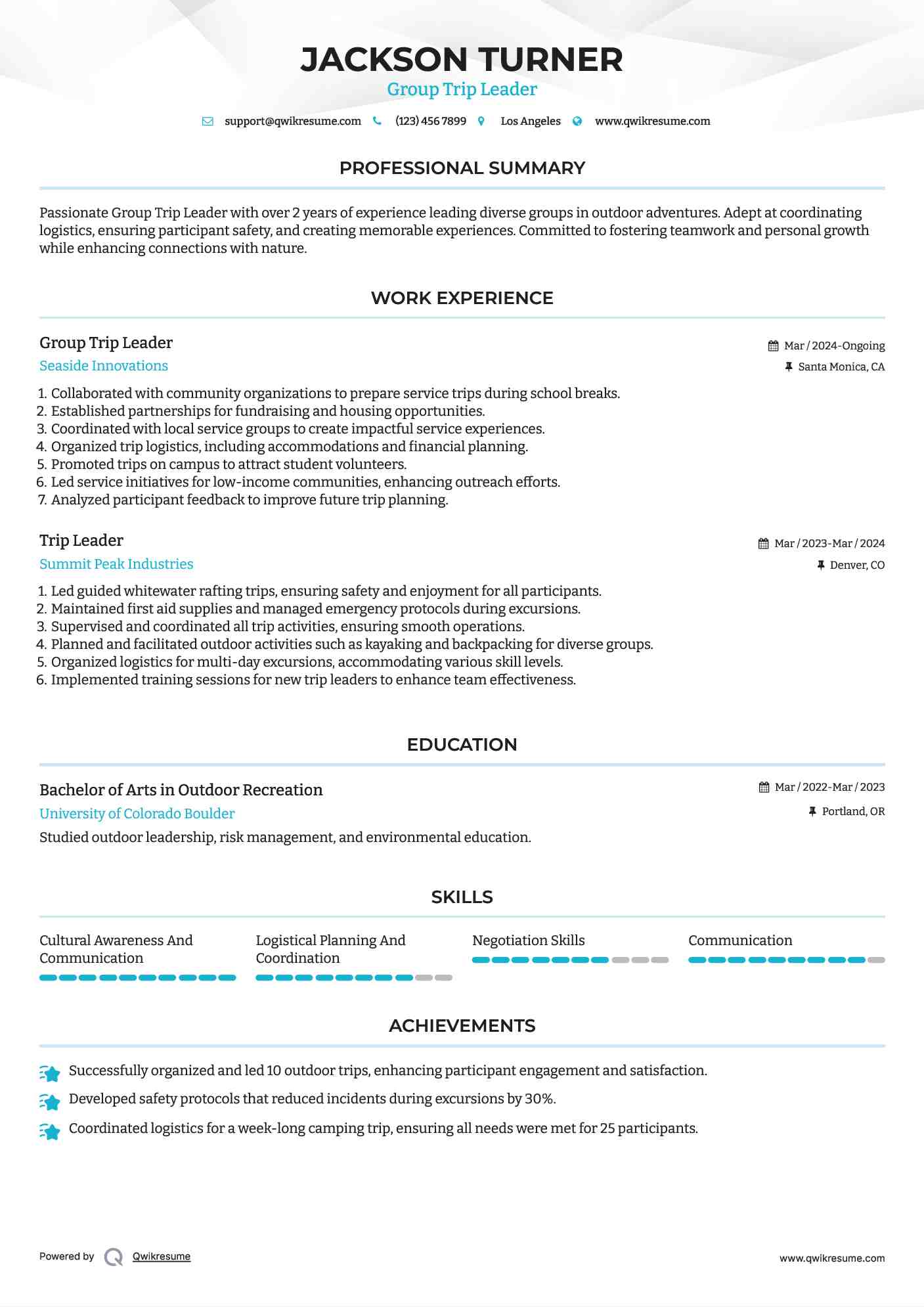 Group Trip Leader Resume Template
