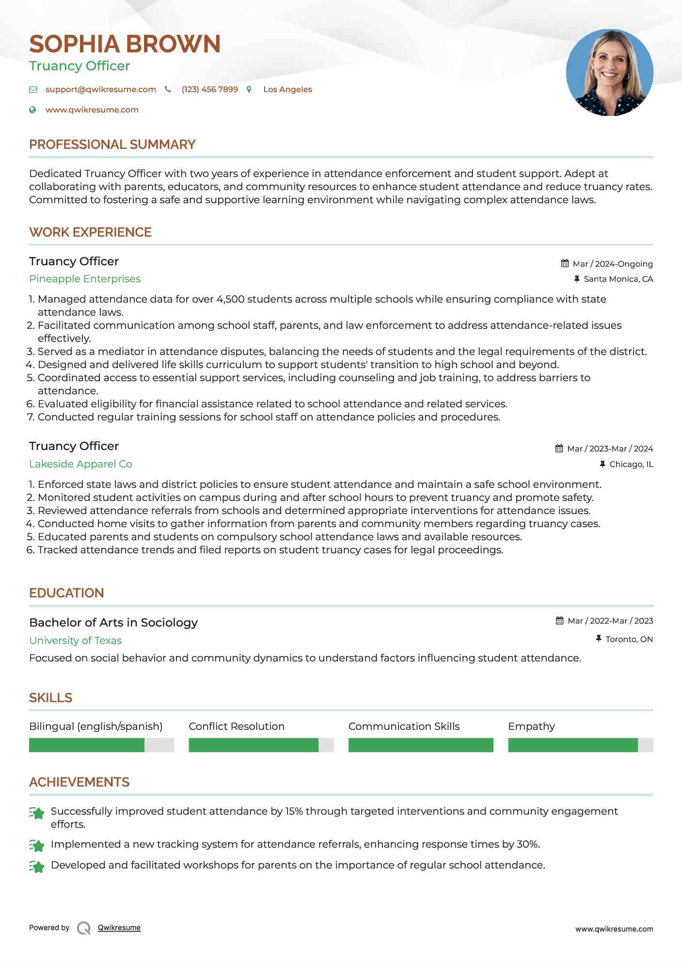 Truancy Officer Resume Format