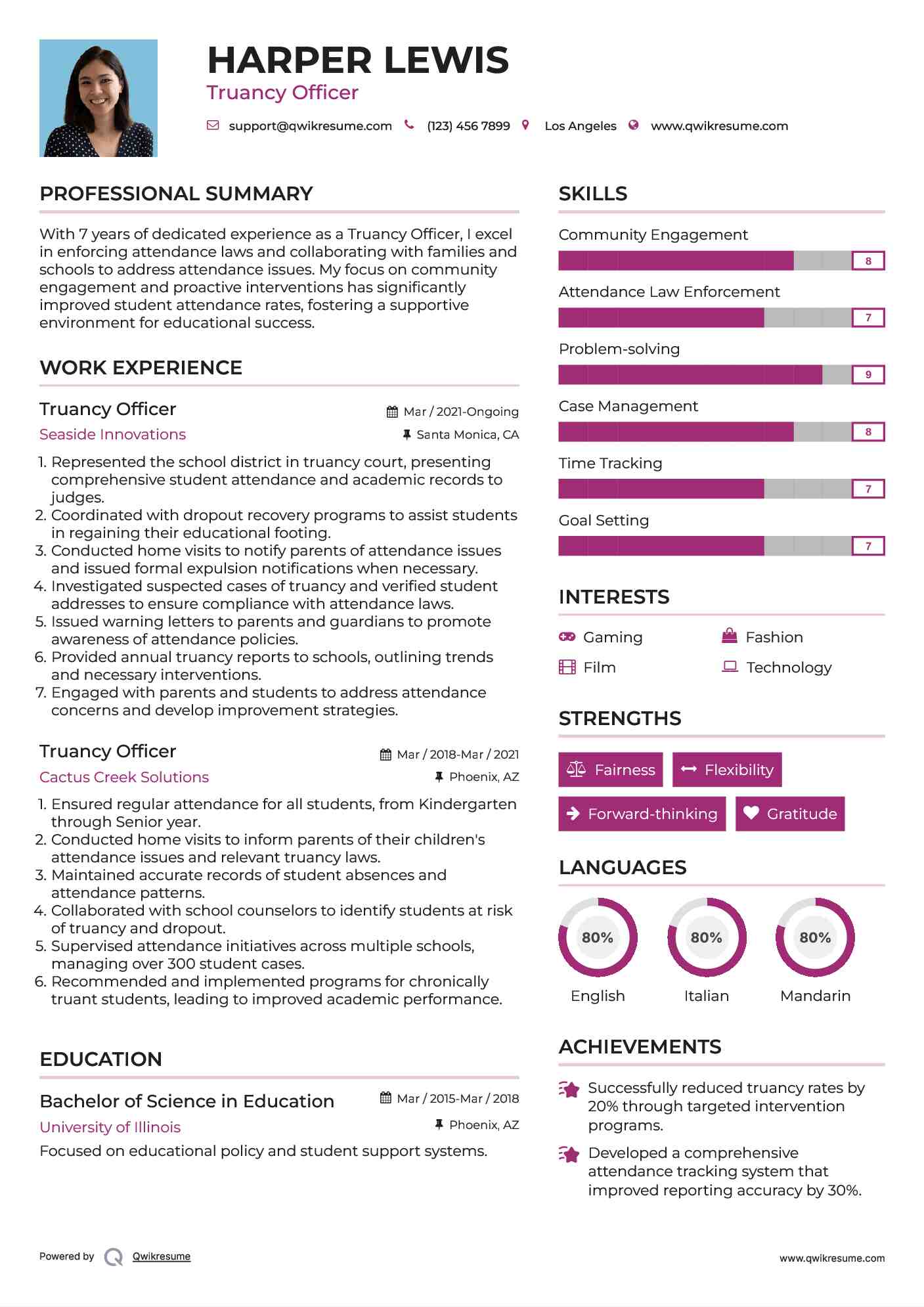 Truancy Officer Resume Sample