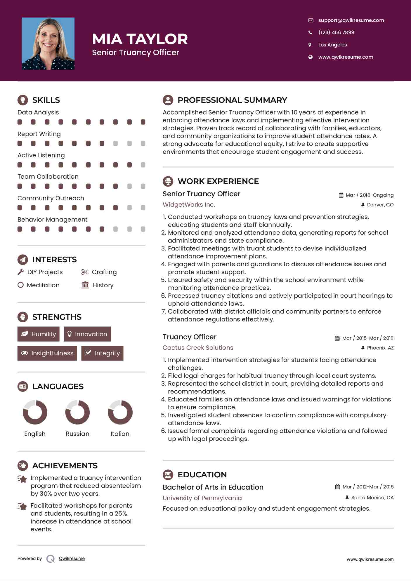 Senior Truancy Officer
 Resume Example