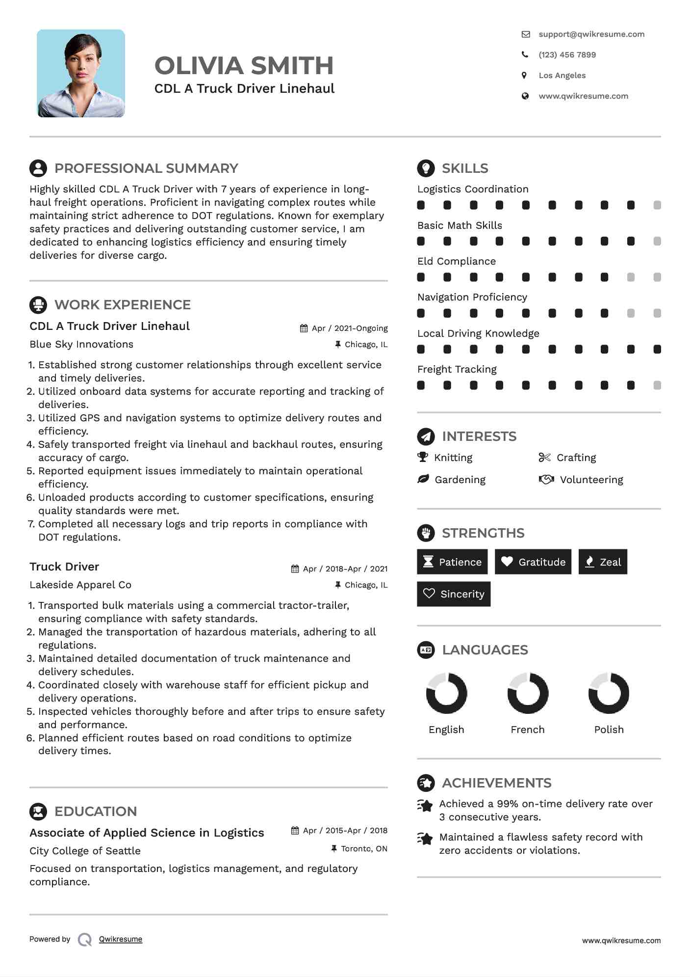 CDL A Truck Driver Linehaul Resume Model