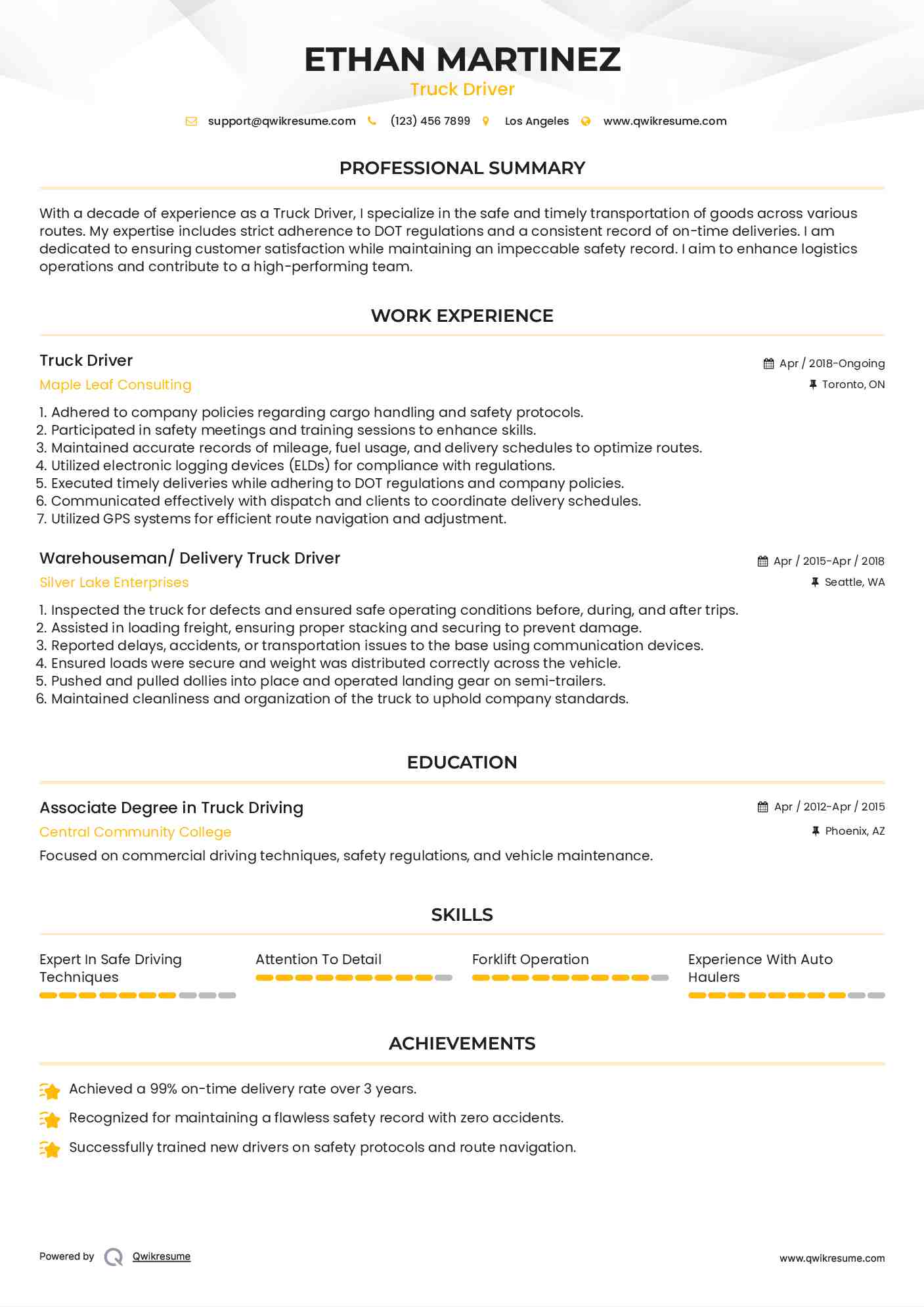 Truck Driver Resume Sample