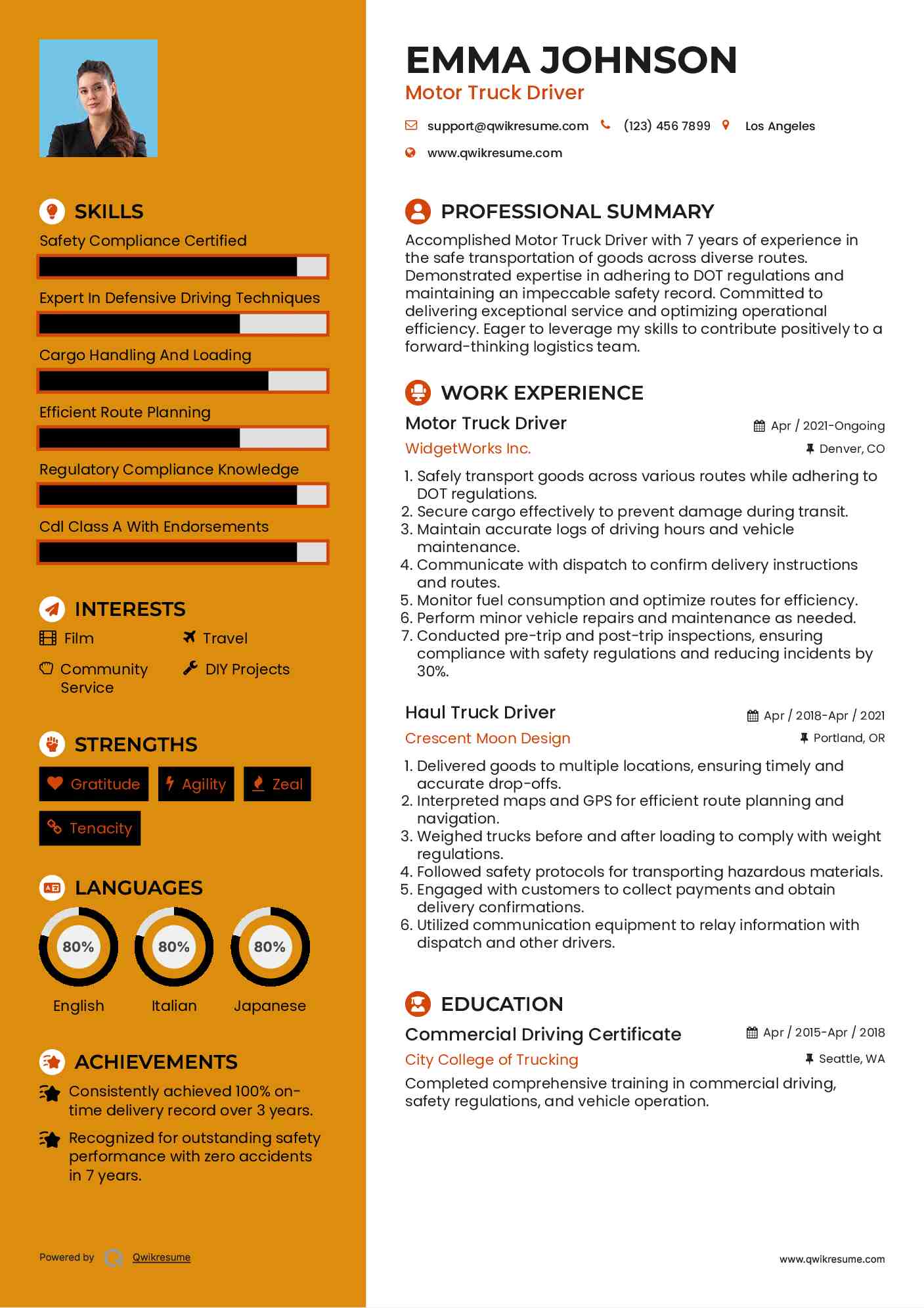 Motor Truck Driver Resume Example