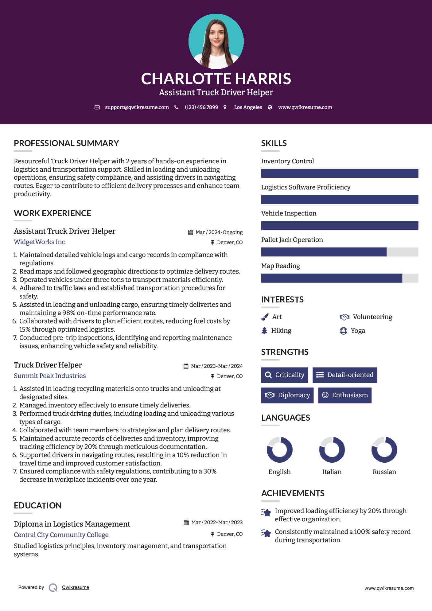 Assistant Truck Driver Helper Resume Example