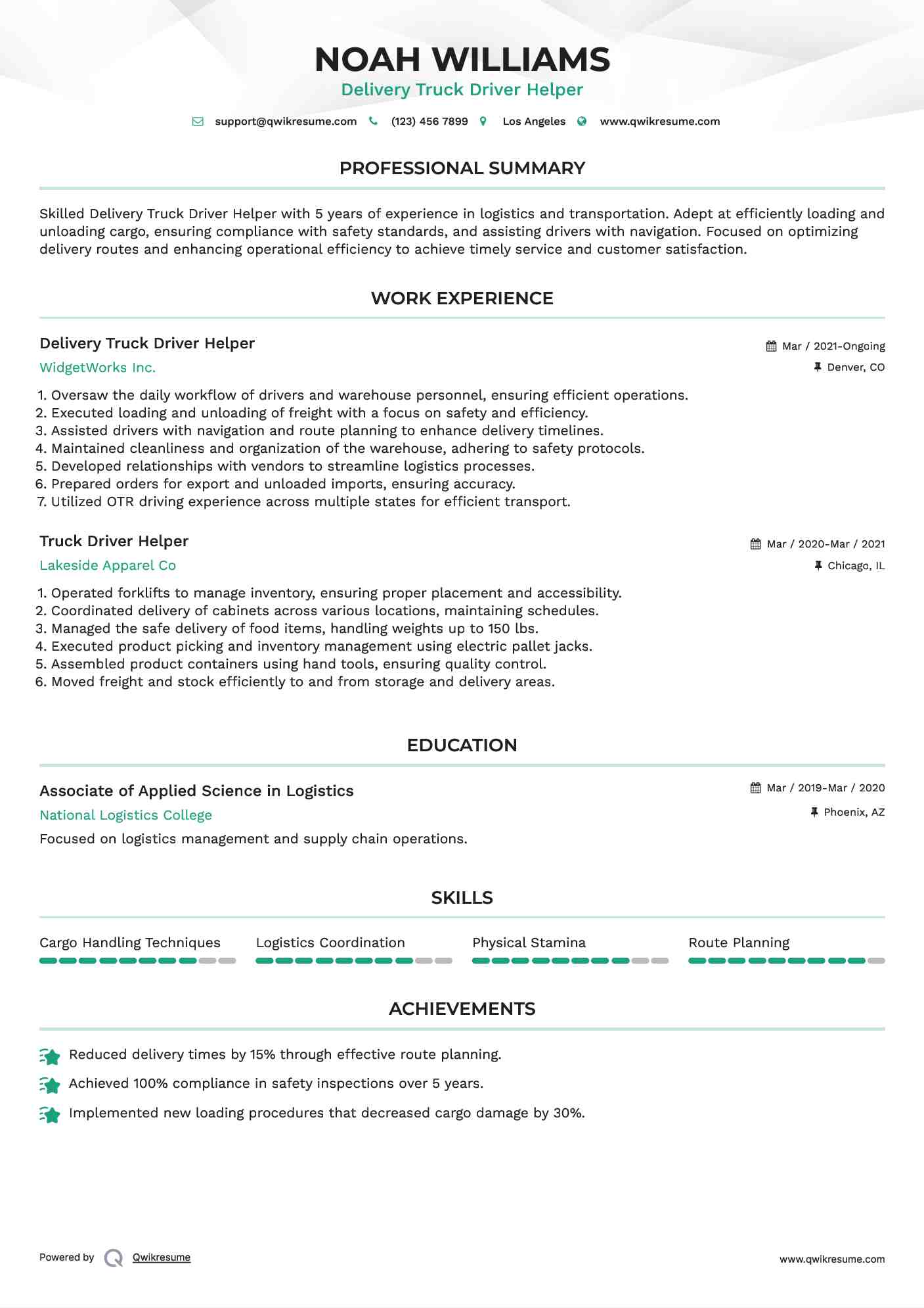 Delivery Truck Driver Helper Resume Template