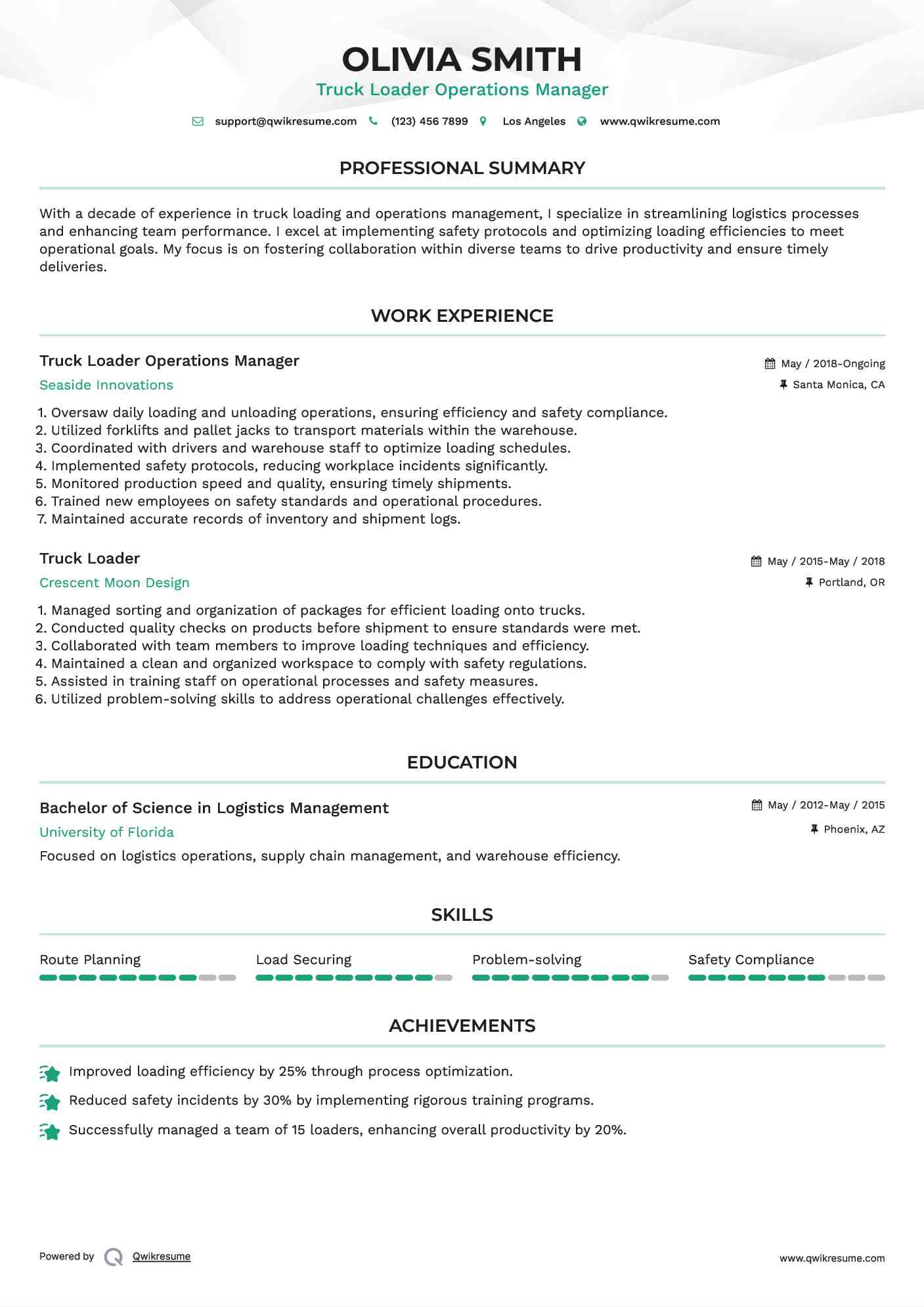 Truck Loader Operations Manager Resume Template