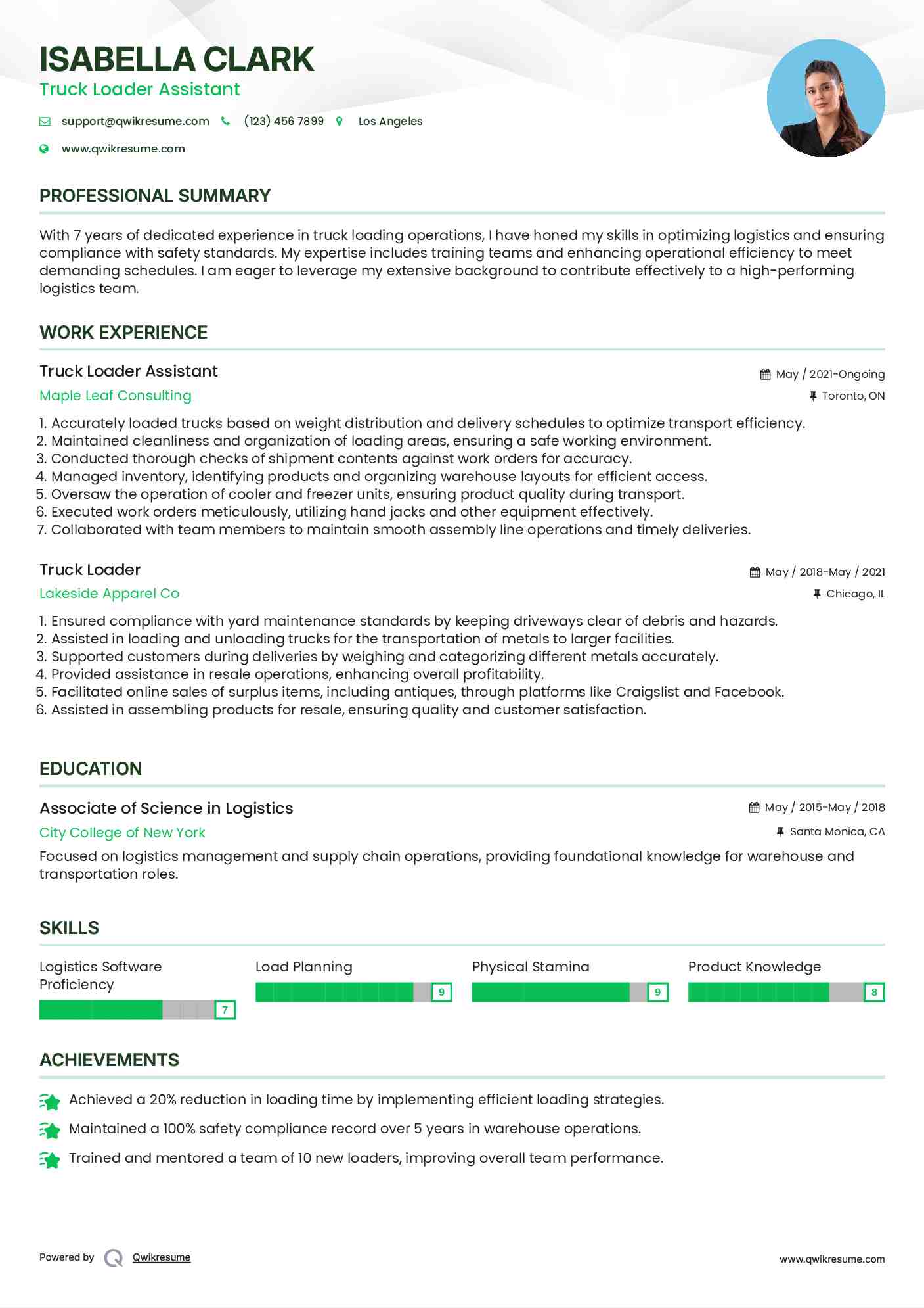 Truck Loader Assistant Resume Model