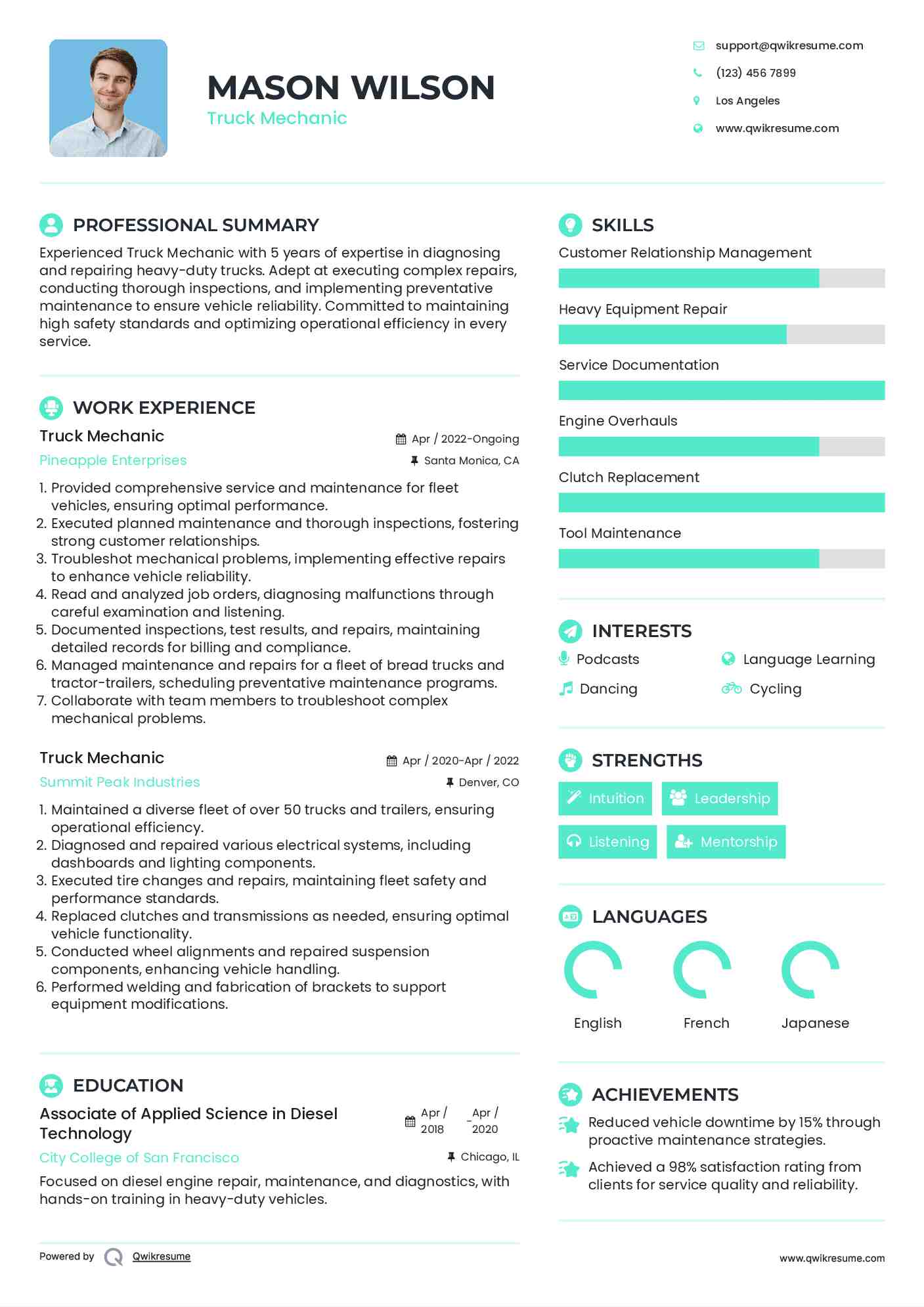 Truck Mechanic Resume Template