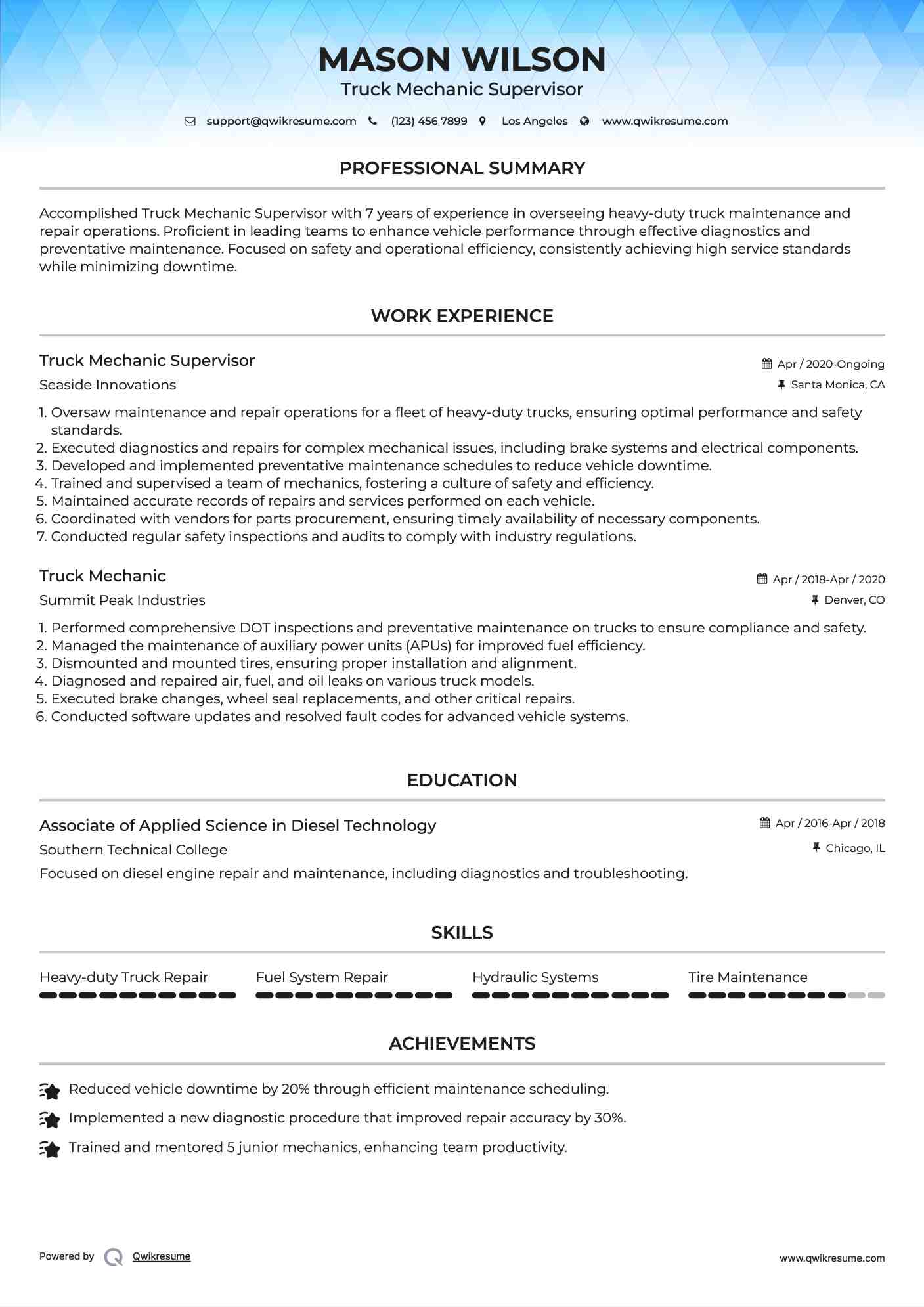 Truck Mechanic Supervisor Resume Example